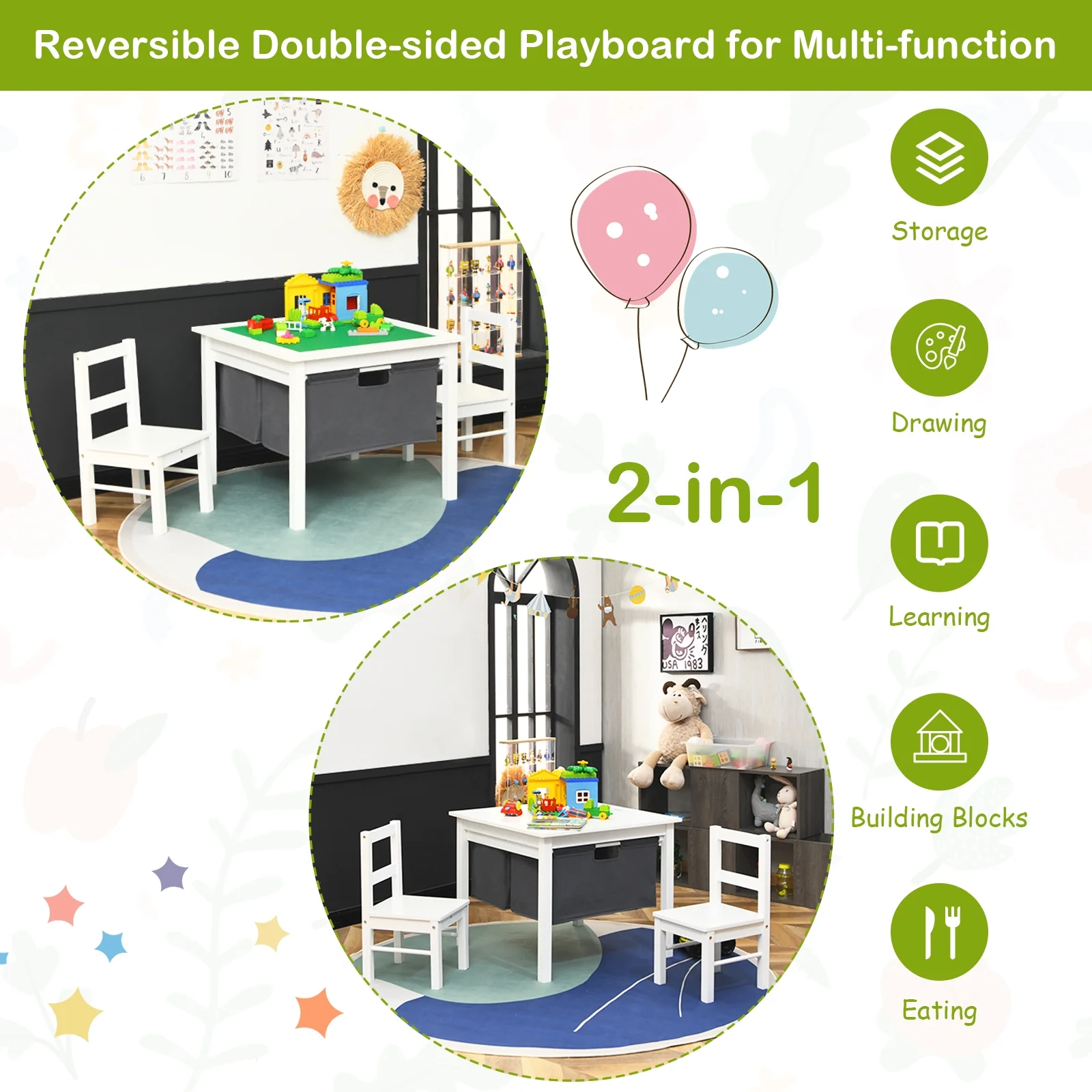 Kids Activity Table And 2 Chairs Set, Building Block Table With Storage, White - Image 9
