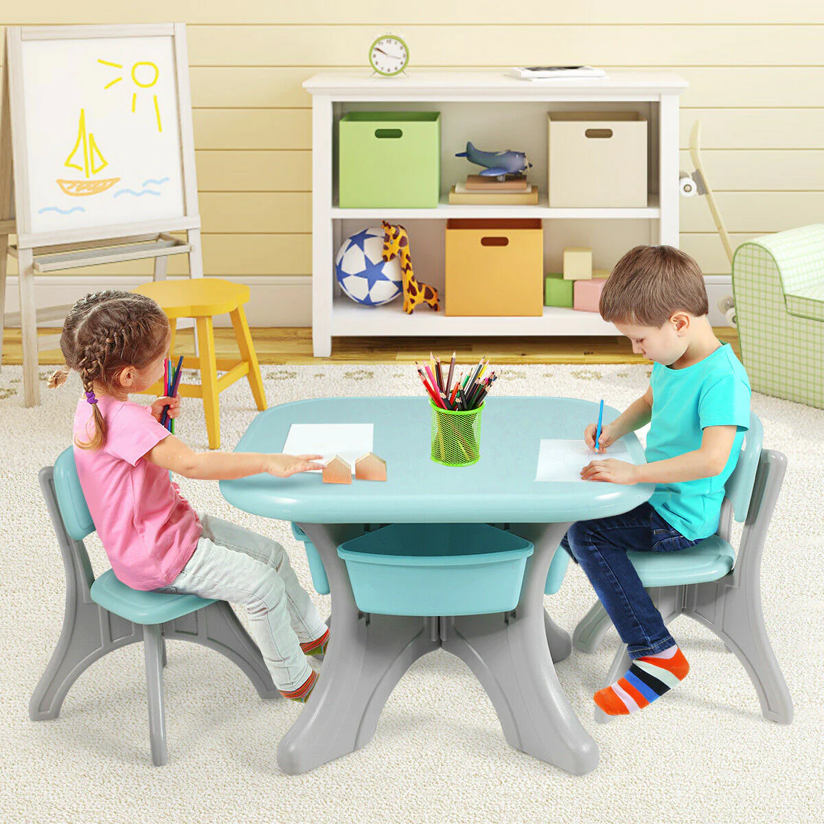 Kids Activity Table And Chair Set With Storage, Blue - Image 5