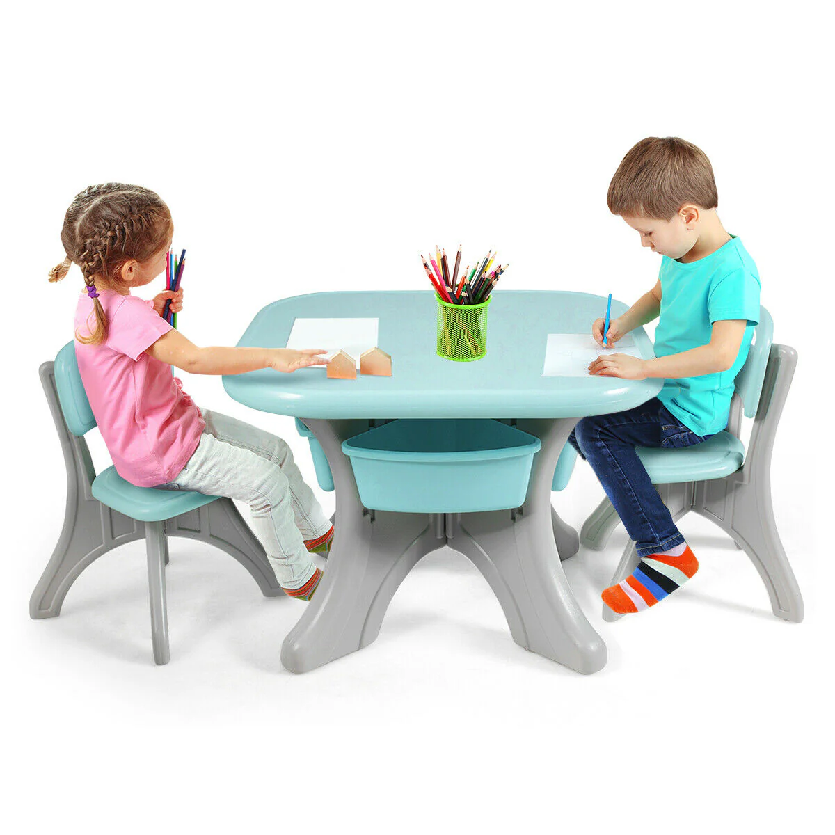 Kids Activity Table And Chair Set With Storage, Blue - Image 7
