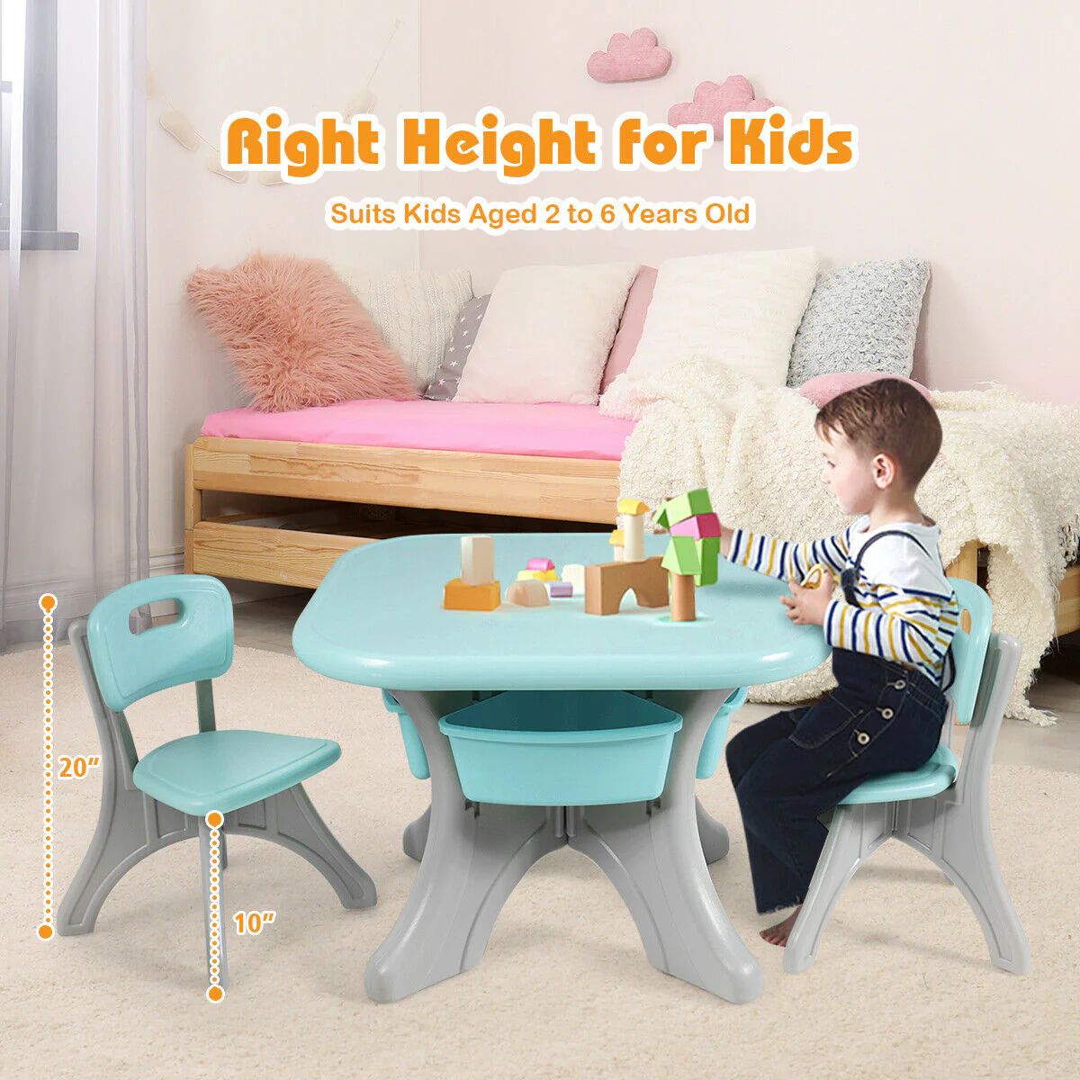 Kids Activity Table And Chair Set With Storage, Blue - Image 8