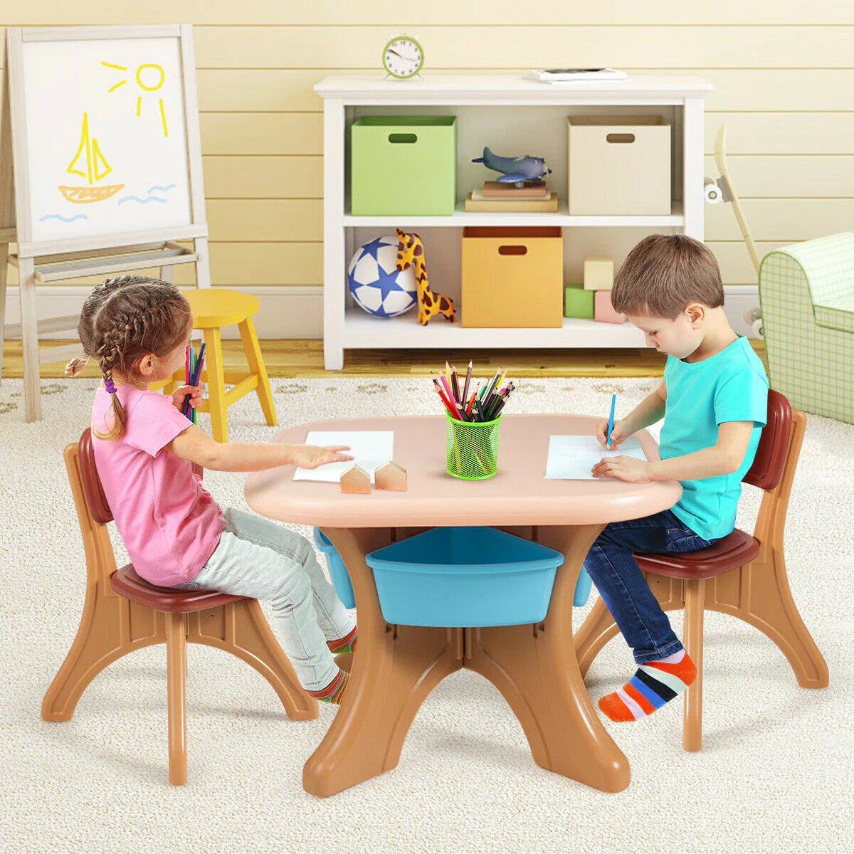 Kids Activity Table And Chair Set With Storage, Brown - Image 3