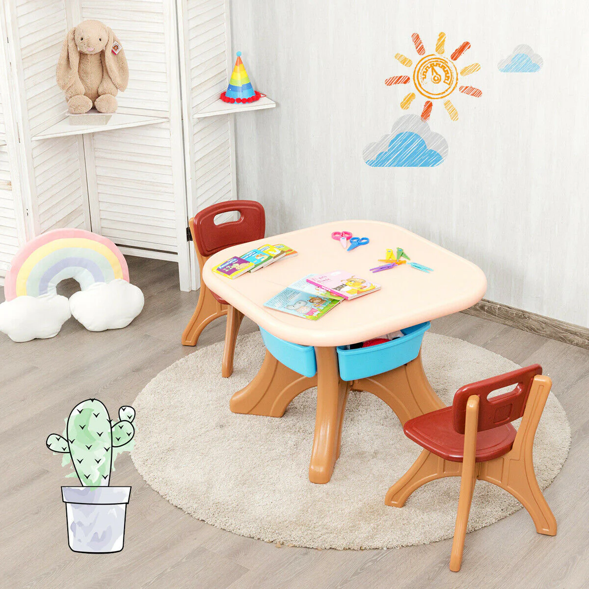 Kids Activity Table And Chair Set With Storage, Brown - Image 4