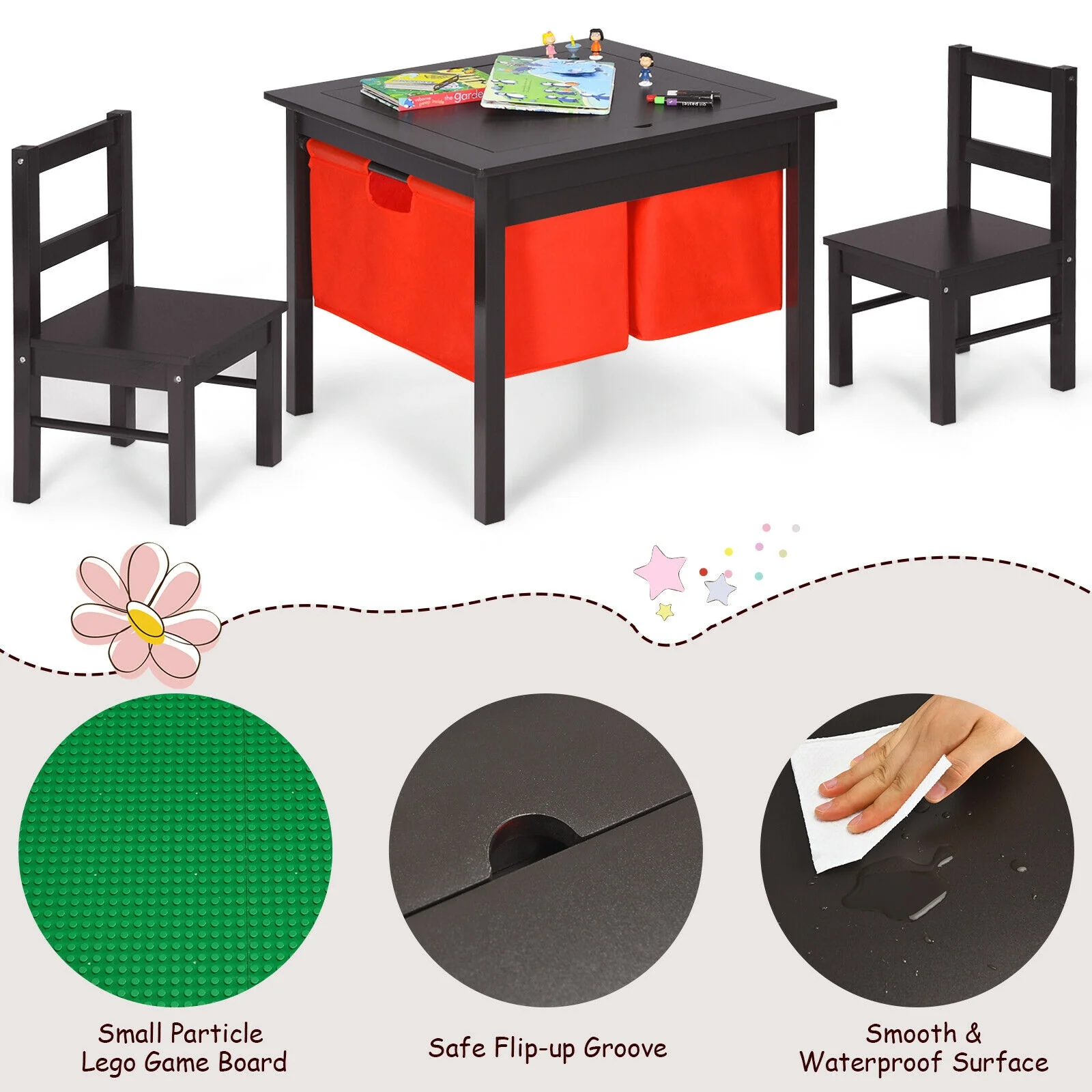Kids Activity Table And Chairs Set, With Storage Building Blocks, Dark Brown - Image 10