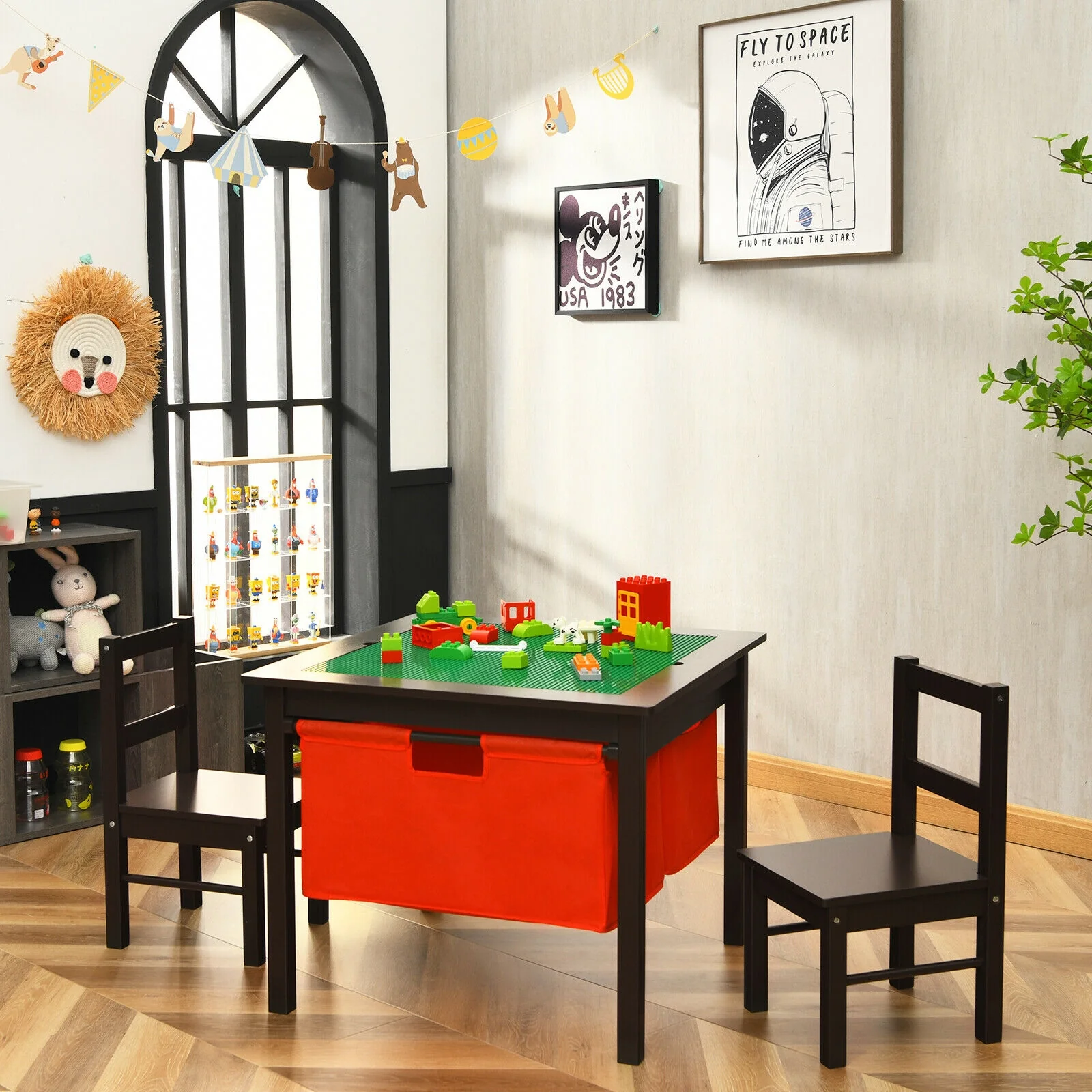 Kids Activity Table And Chairs Set, With Storage Building Blocks, Dark Brown - Image 2
