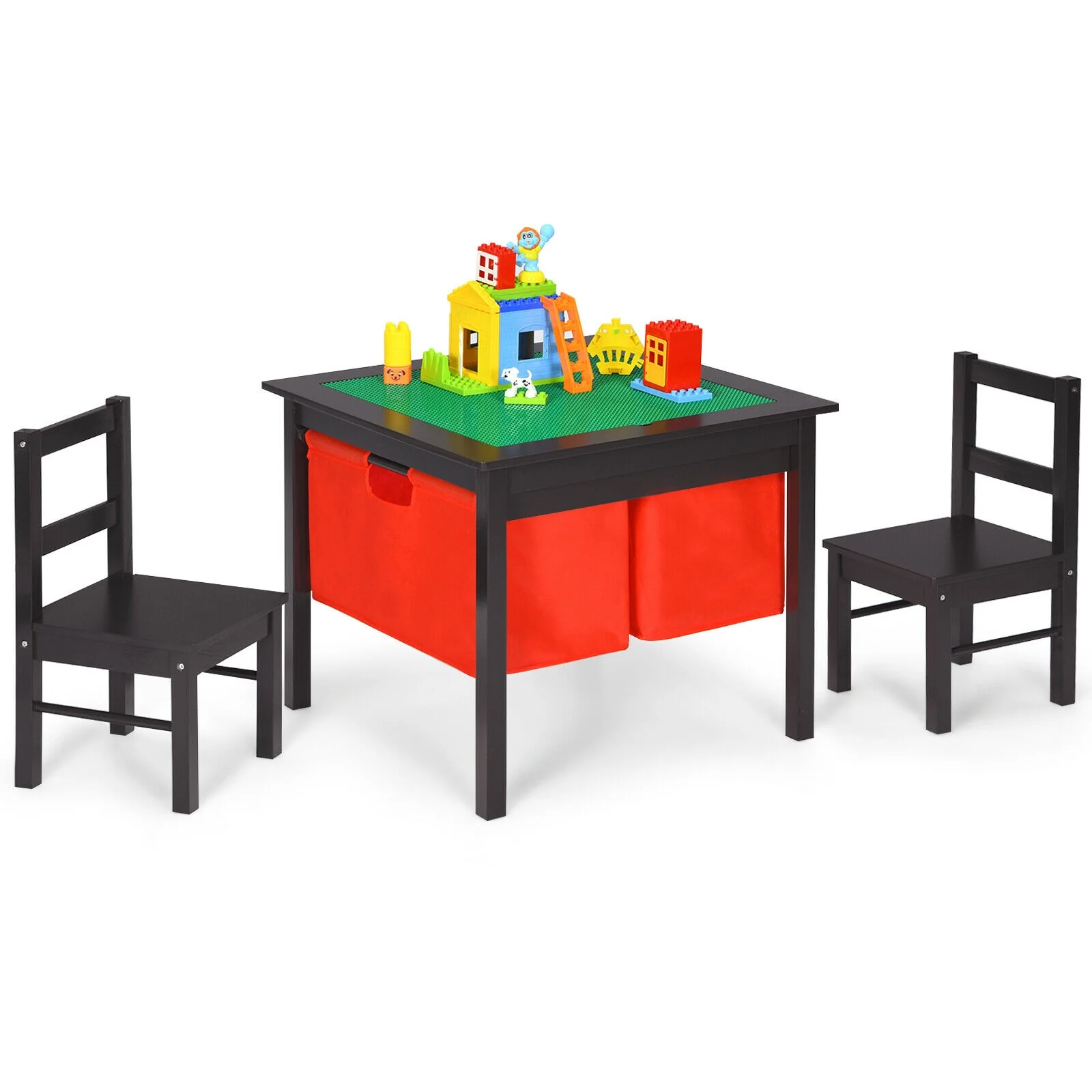 Kids Activity Table And Chairs Set, With Storage Building Blocks, Dark Brown - Image 5