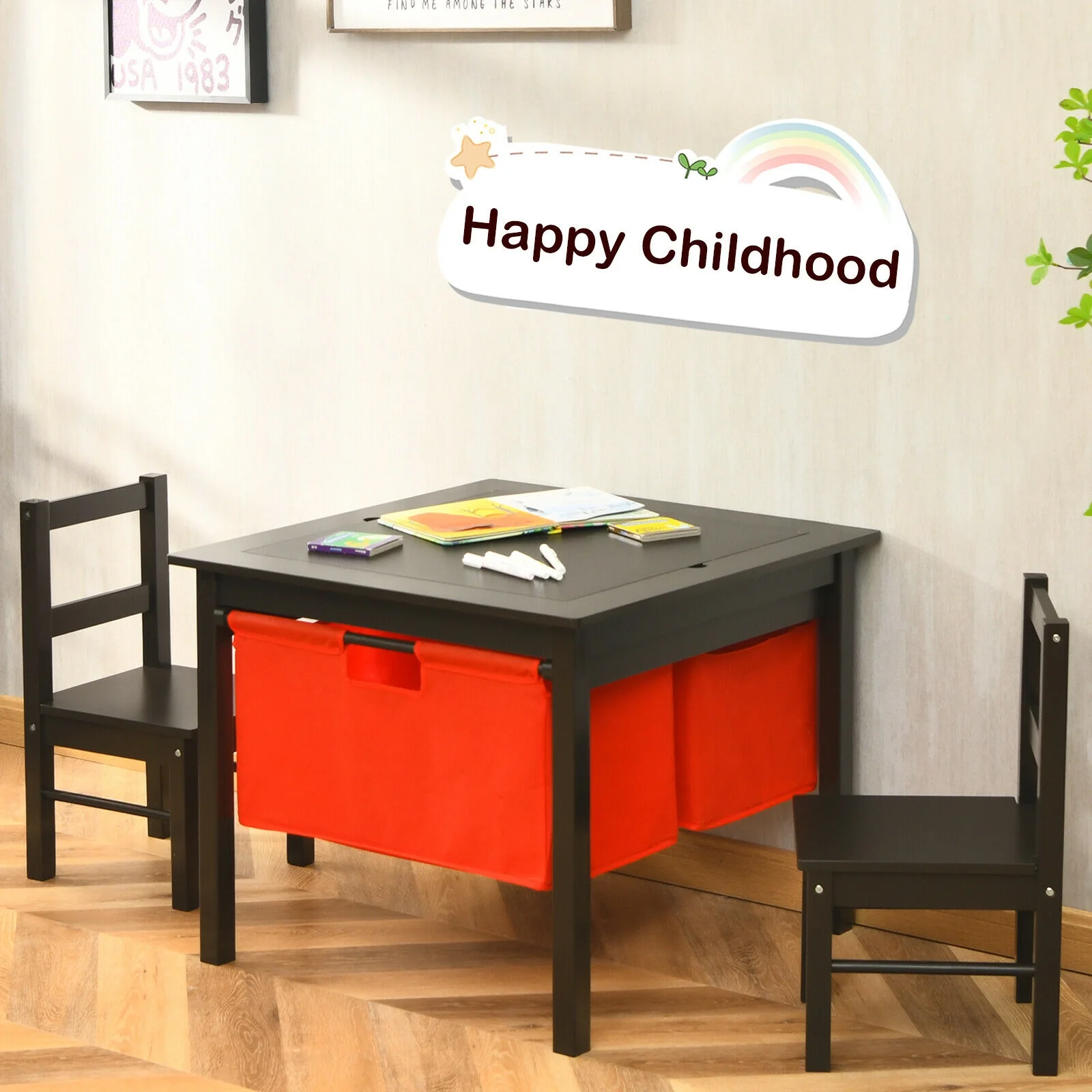 Kids Activity Table And Chairs Set, With Storage Building Blocks, Dark Brown - Image 7