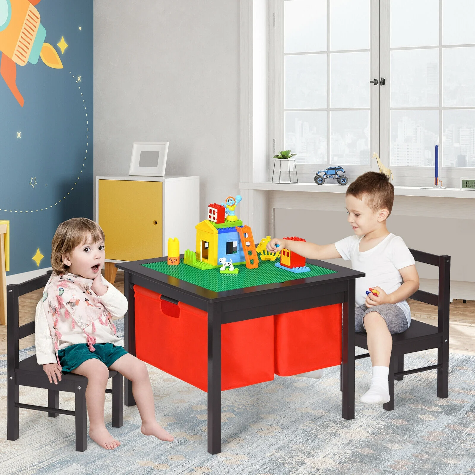 Kids Activity Table And Chairs Set, With Storage Building Blocks, Dark Brown - Image 8
