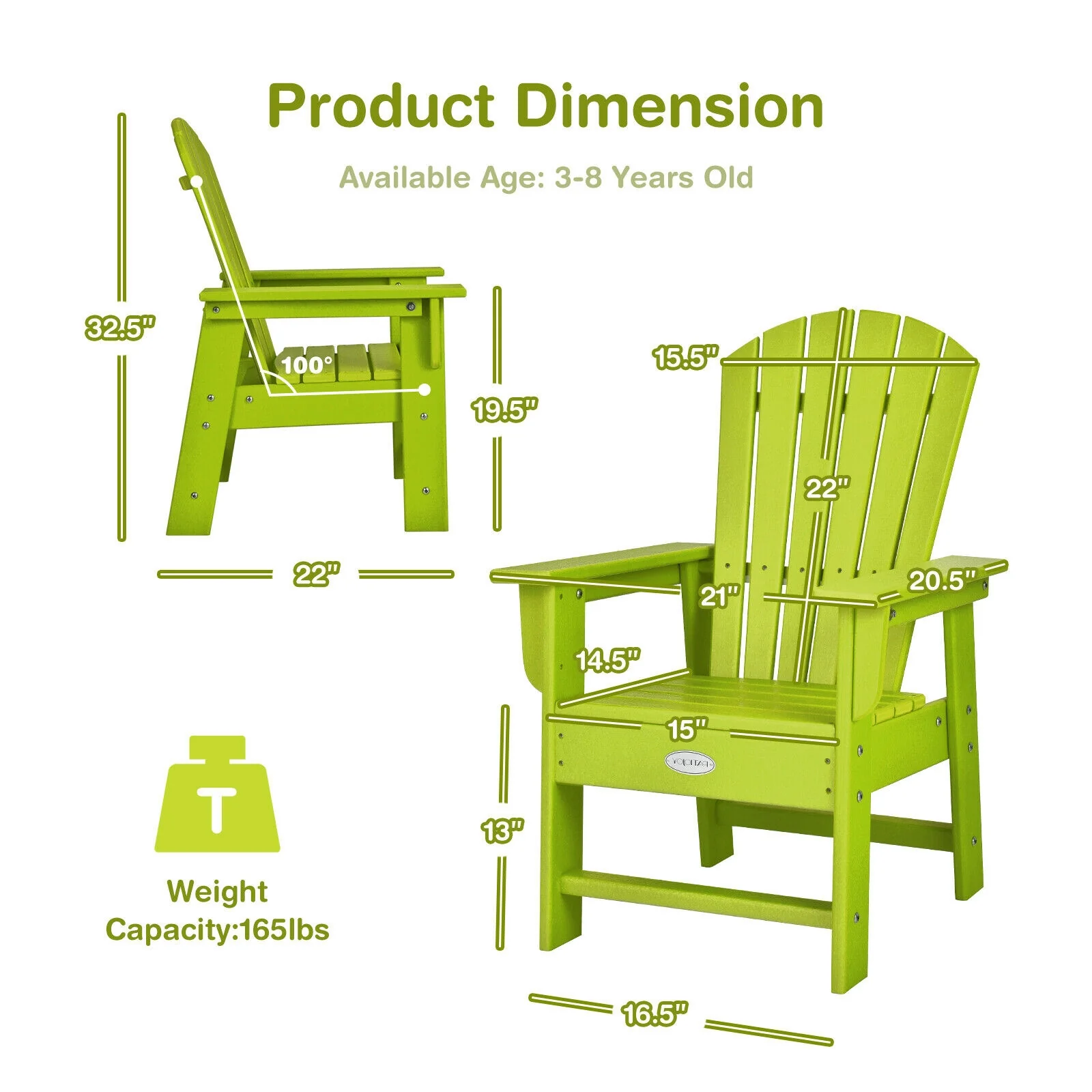 Kids Adirondack Chair, Ergonomic Backrest, Green - Image 5