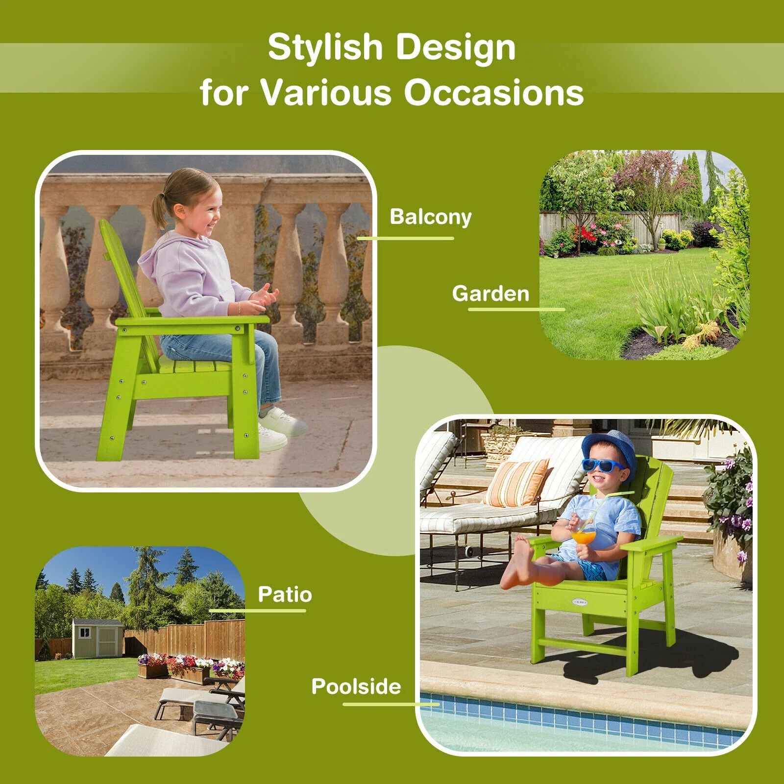 Kids Adirondack Chair, Ergonomic Backrest, Green - Image 8