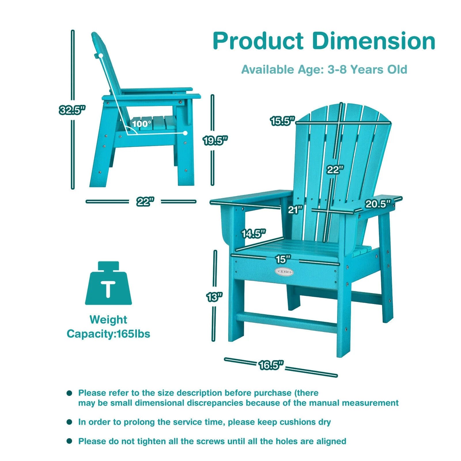 Kids Adirondack Chair, Ergonomic Backrest, Turquoise - Image 5