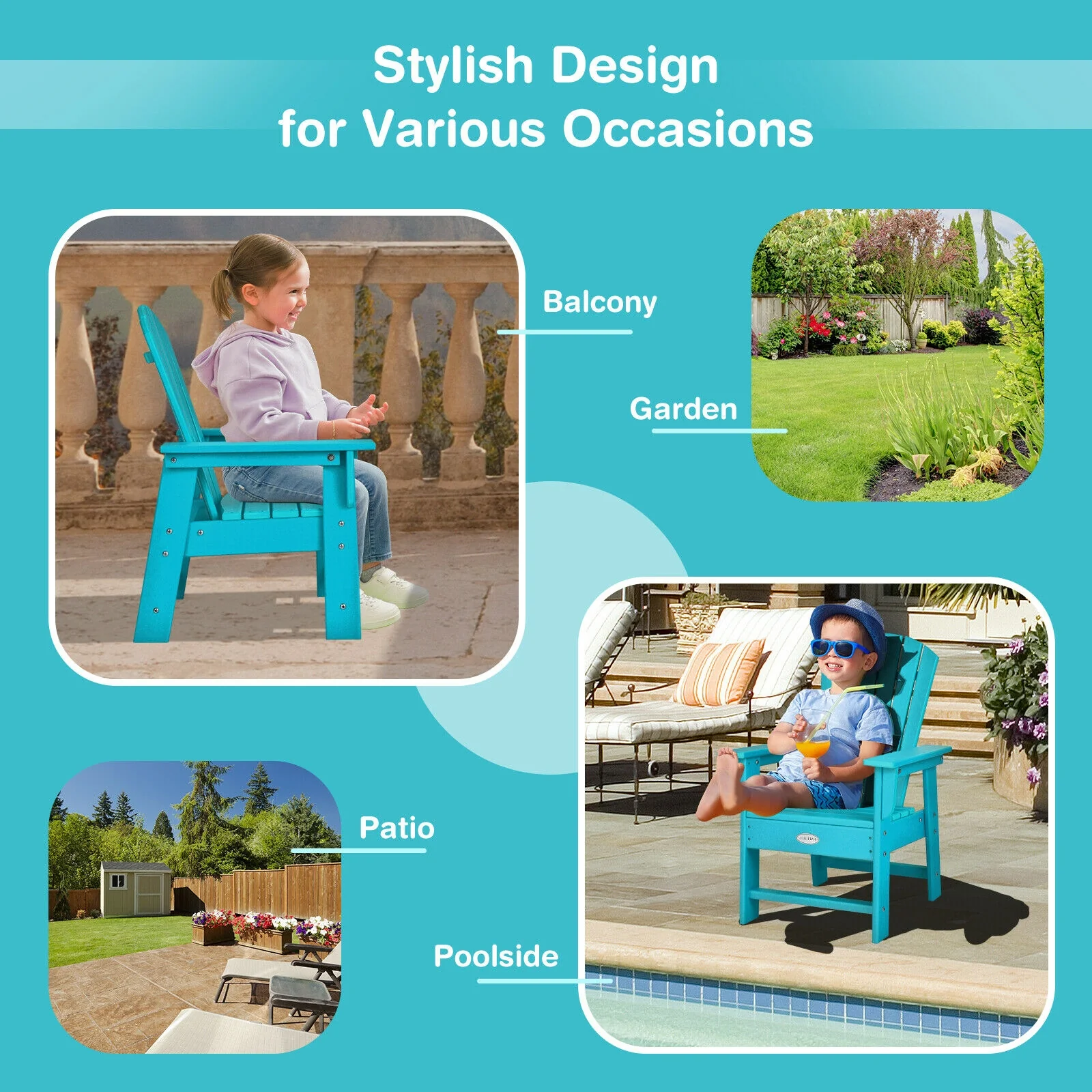 Kids Adirondack Chair, Ergonomic Backrest, Turquoise - Image 8
