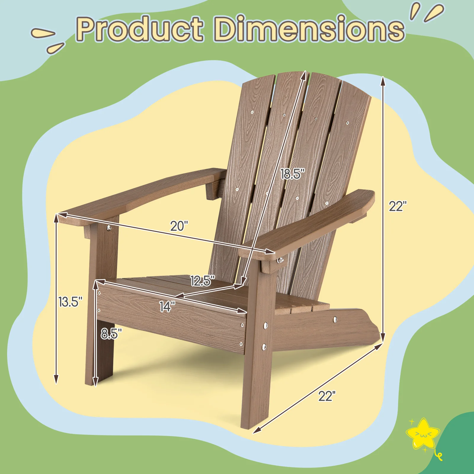 Kid's Adirondack Chair Set, High Backrest, Armrests, Brown - Image 4