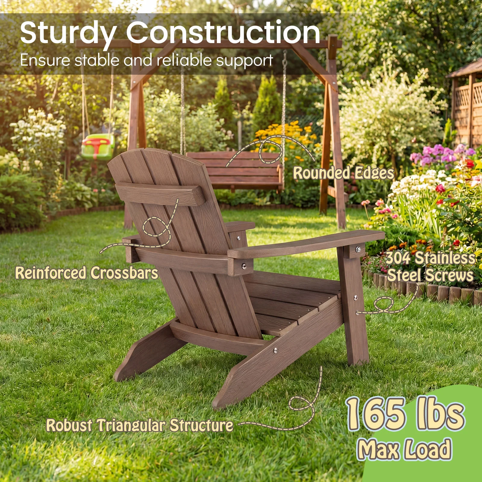 Kid's Adirondack Chair Set, High Backrest, Armrests, Brown - Image 6
