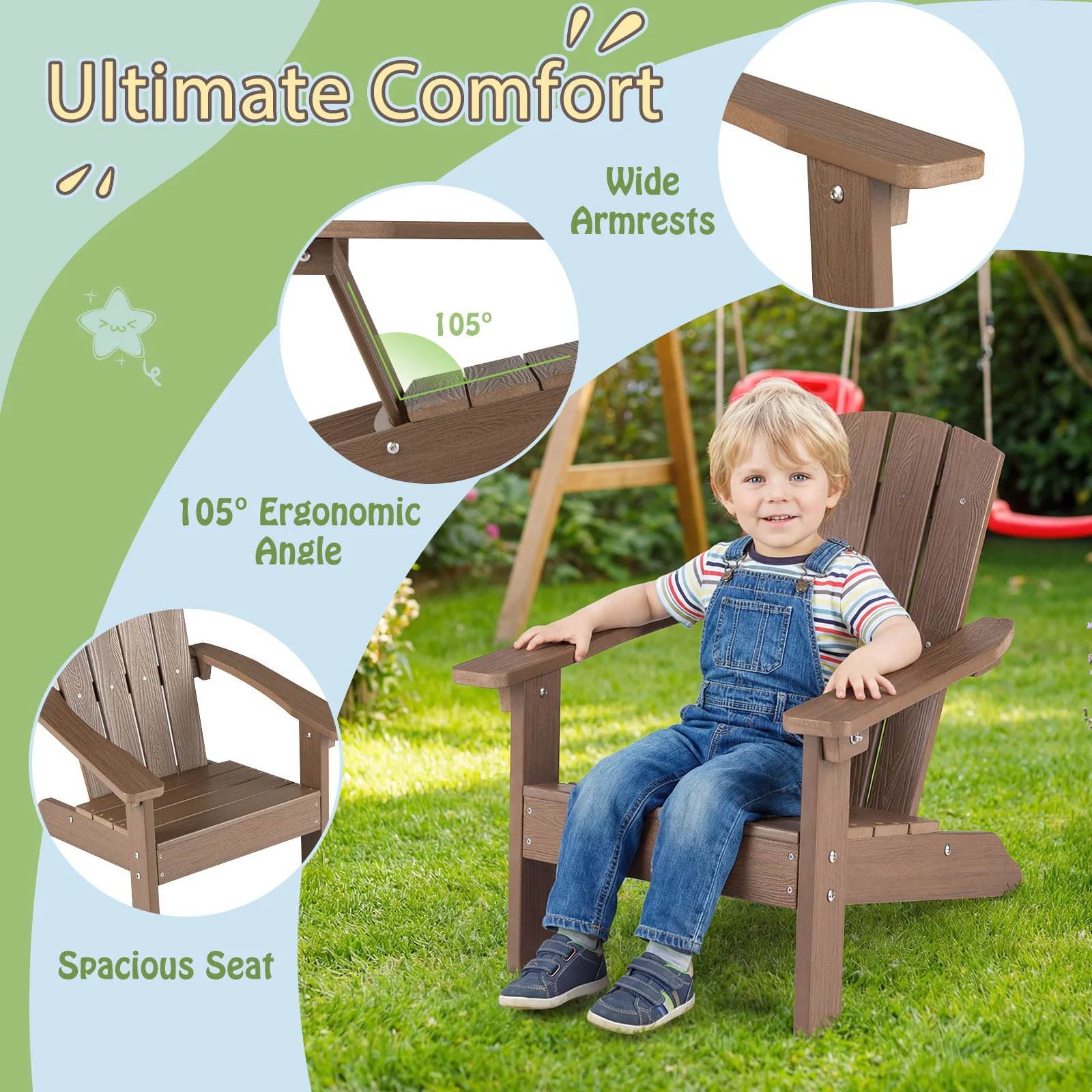Kid's Adirondack Chair Set, High Backrest, Armrests, Brown - Image 7
