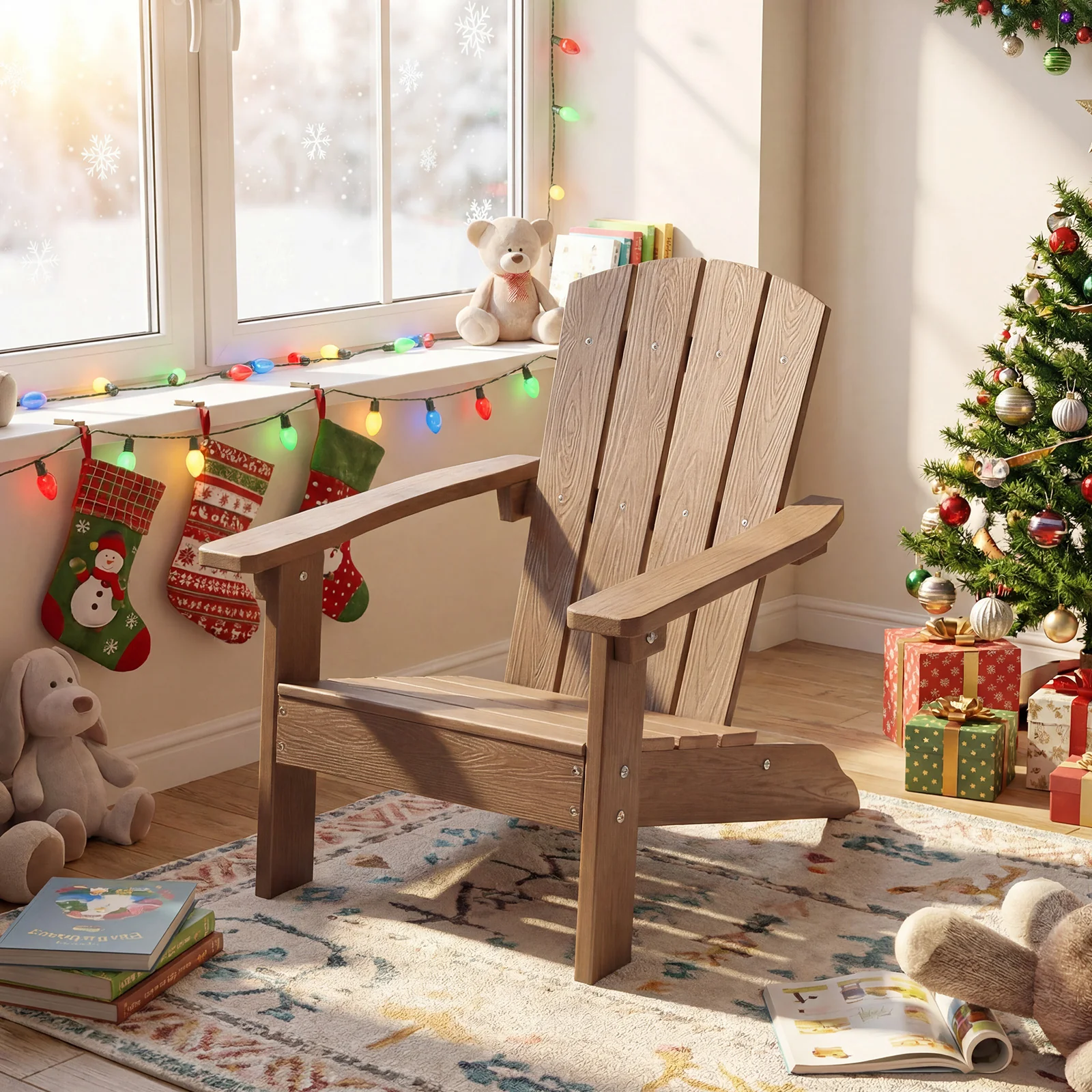 Kid's Adirondack Chair Set, High Backrest, Armrests, Brown - Image 9