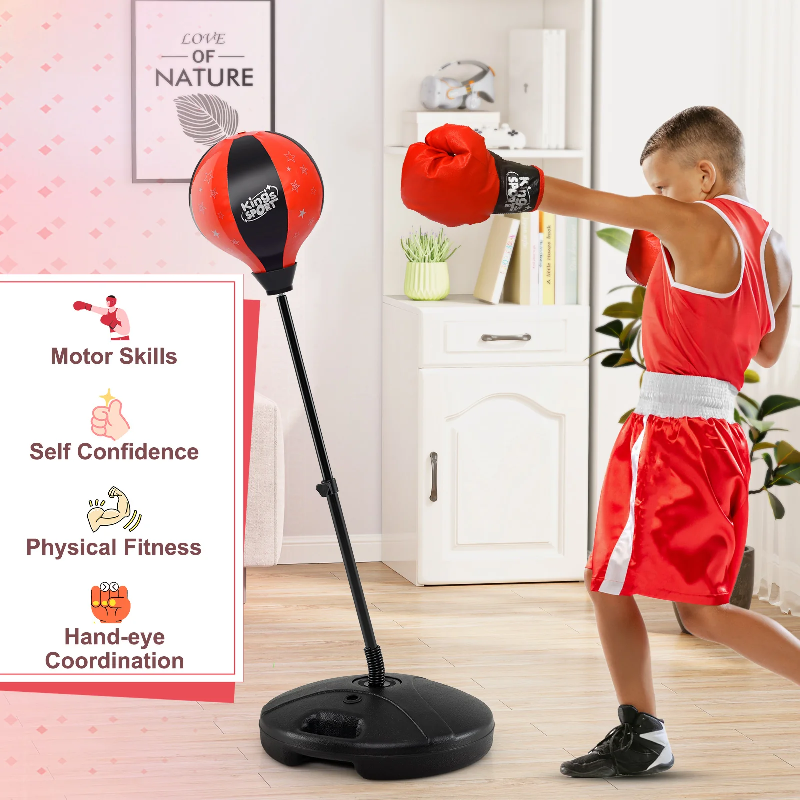 Kids Adjustable Punching Bag Set With Boxing Glove, Black, Red - Image 5