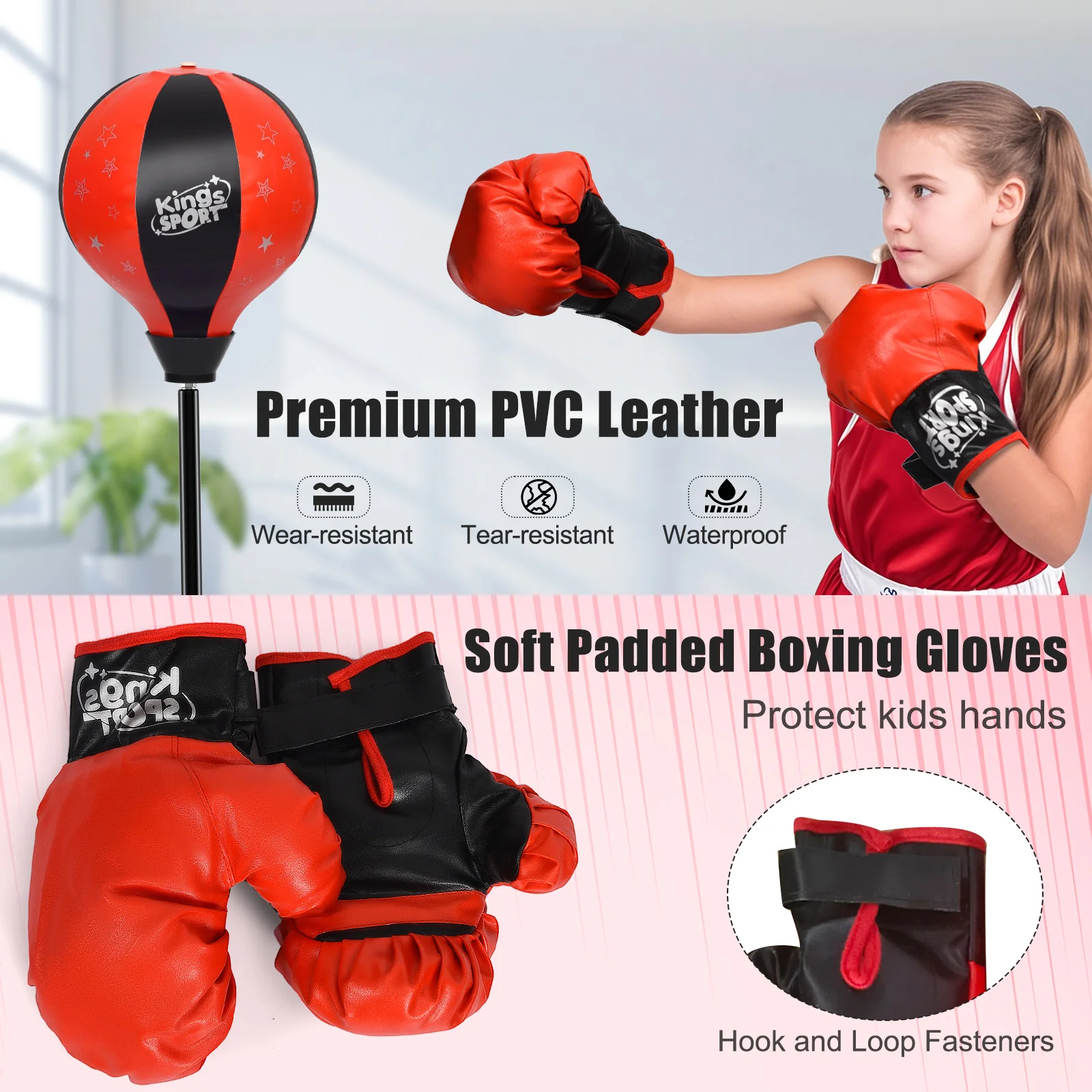 Kids Adjustable Punching Bag Set With Boxing Glove, Black, Red - Image 8