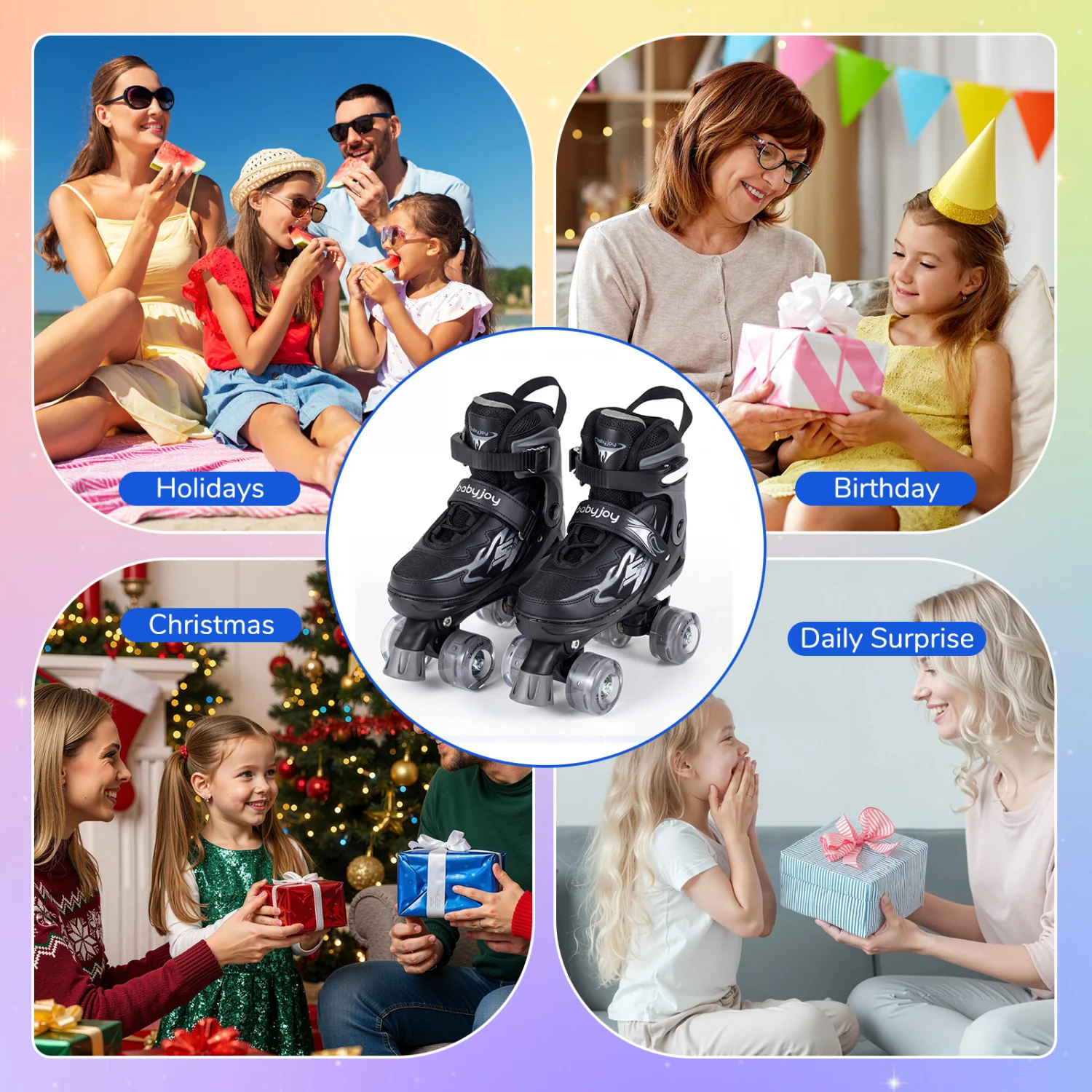 Kids Adjustable Quad Roller Skates, 4 Sizes, Light-Up Wheels, Black - Image 10
