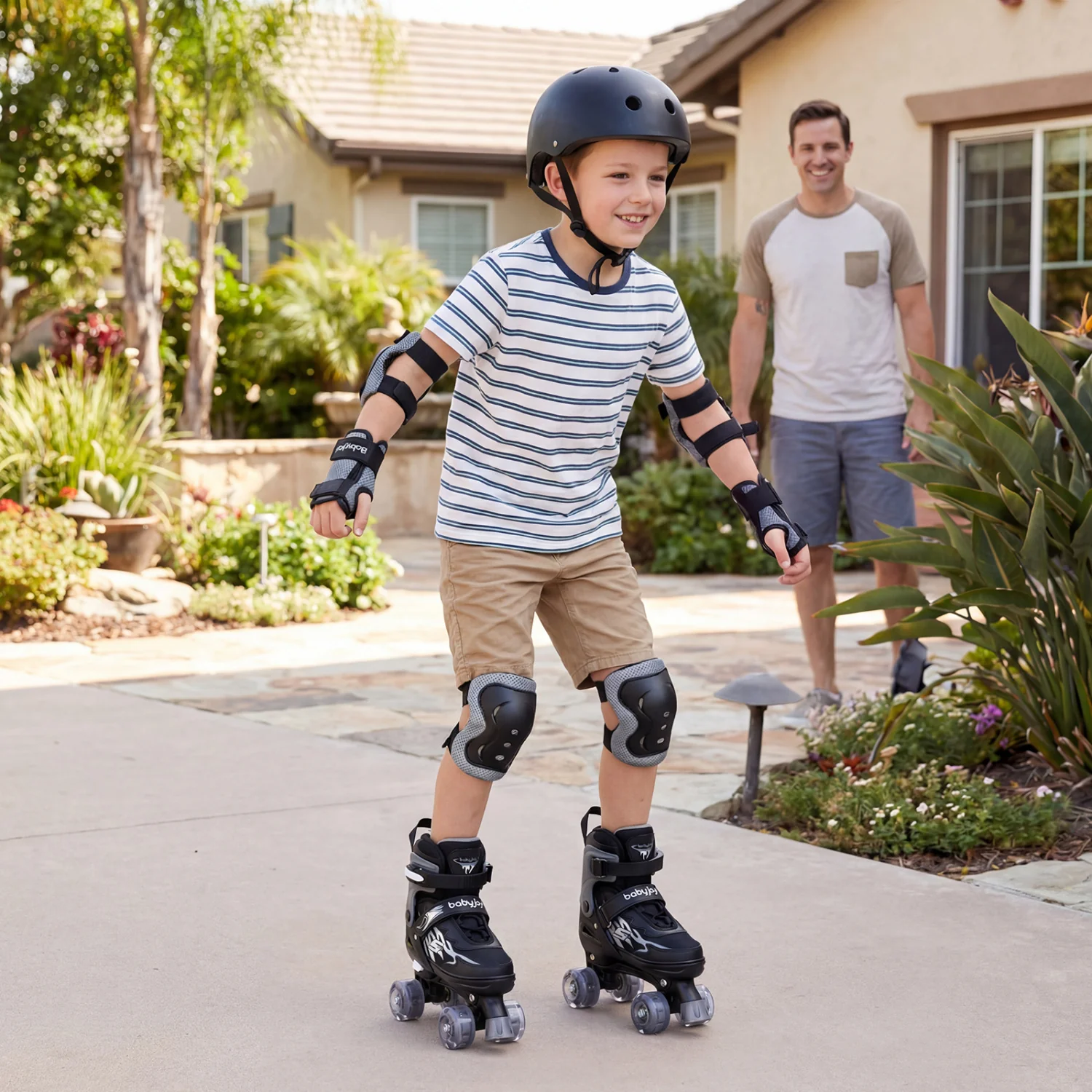 Kids Adjustable Quad Roller Skates, 4 Sizes, Light-Up Wheels, Black - Image 3