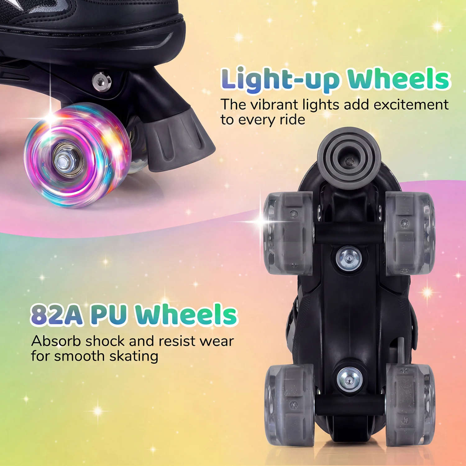 Kids Adjustable Quad Roller Skates, 4 Sizes, Light-Up Wheels, Black - Image 7