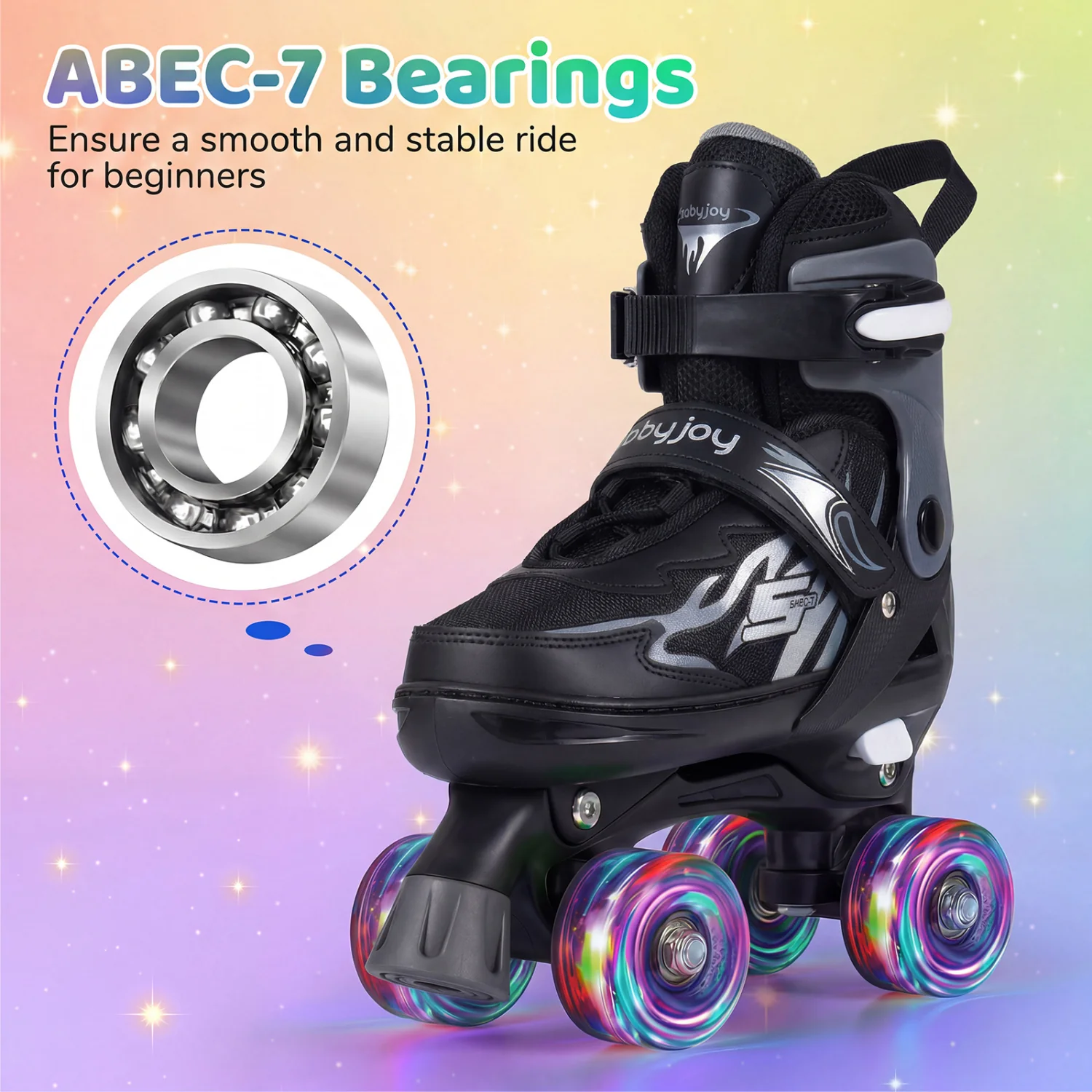 Kids Adjustable Quad Roller Skates, 4 Sizes, Light-Up Wheels, Black - Image 8