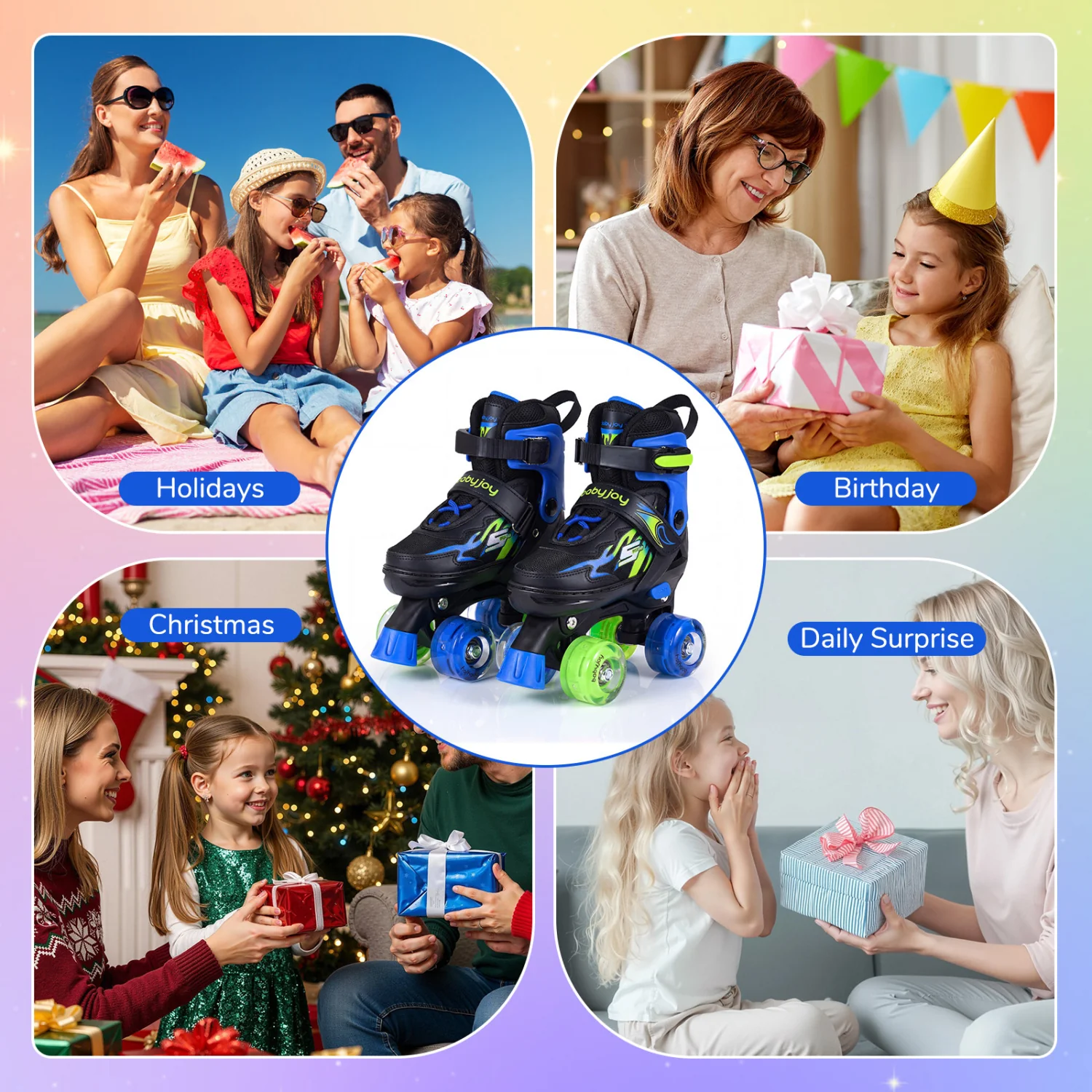 Kids Adjustable Quad Roller Skates, 4 Sizes, Light-Up Wheels, Navy - Image 10