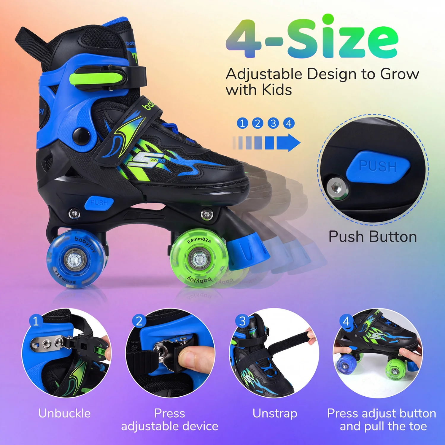 Kids Adjustable Quad Roller Skates, 4 Sizes, Light-Up Wheels, Navy - Image 6