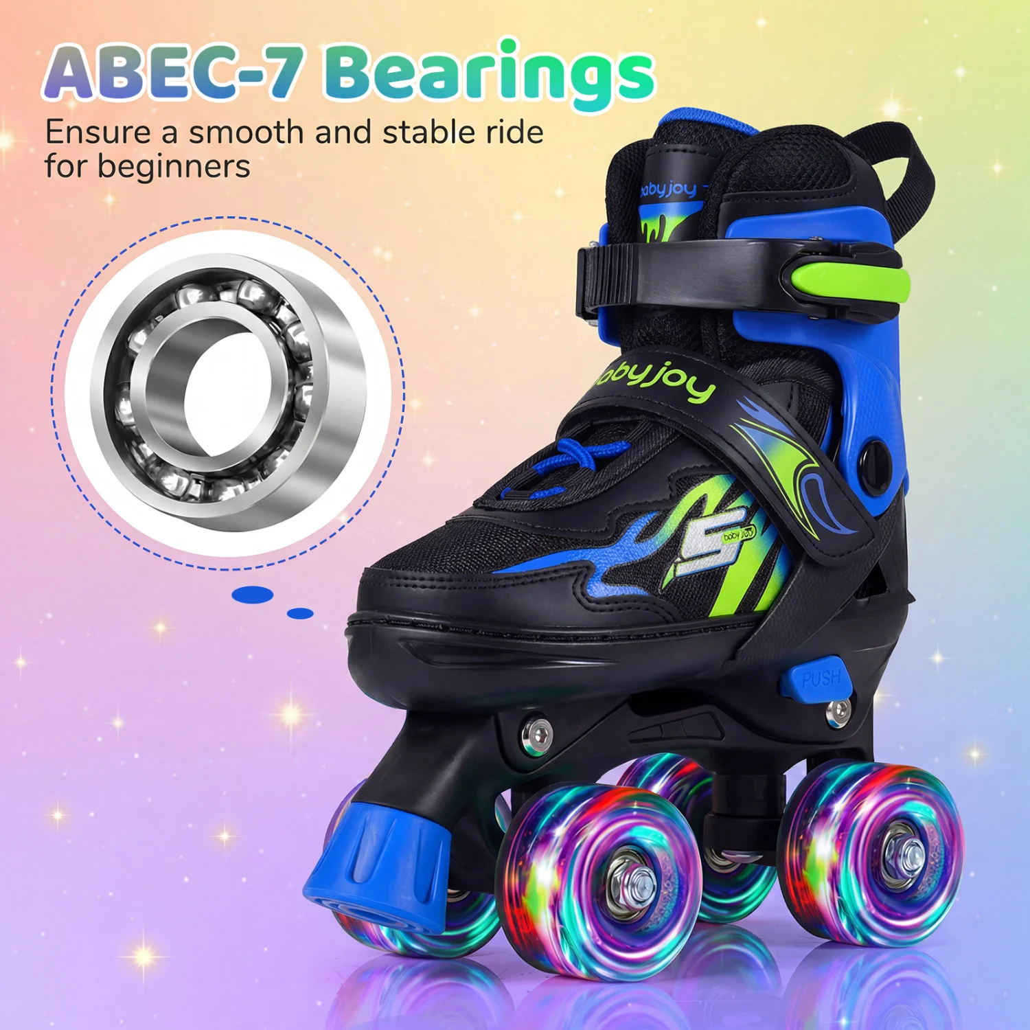 Kids Adjustable Quad Roller Skates, 4 Sizes, Light-Up Wheels, Navy - Image 8
