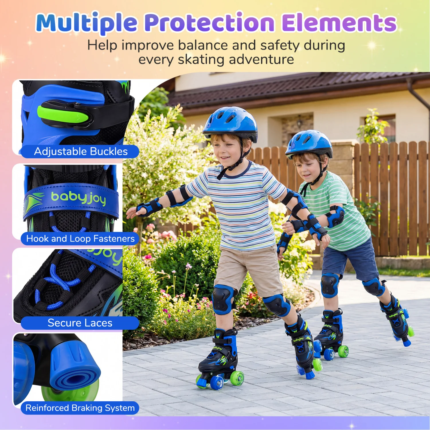 Kids Adjustable Quad Roller Skates, 4 Sizes, Light-Up Wheels, Navy - Image 9