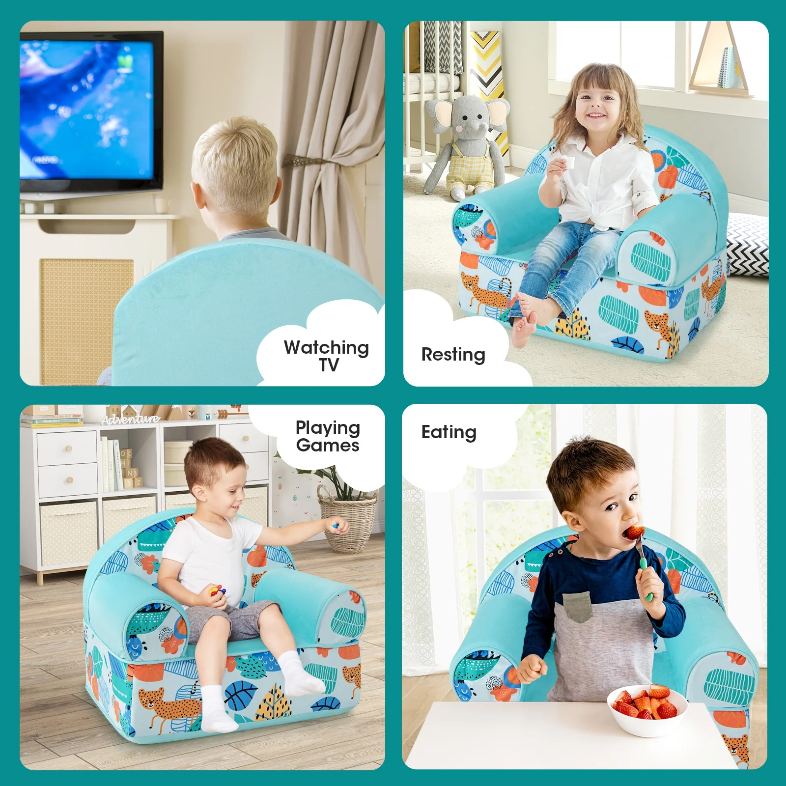 Kids Armchair, Plush Velvet Cover, Soft Sponge Filling, Blue - Image 10