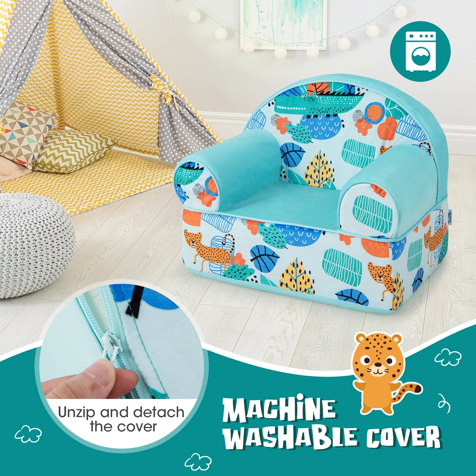 Kids Armchair, Plush Velvet Cover, Soft Sponge Filling, Blue - Image 7