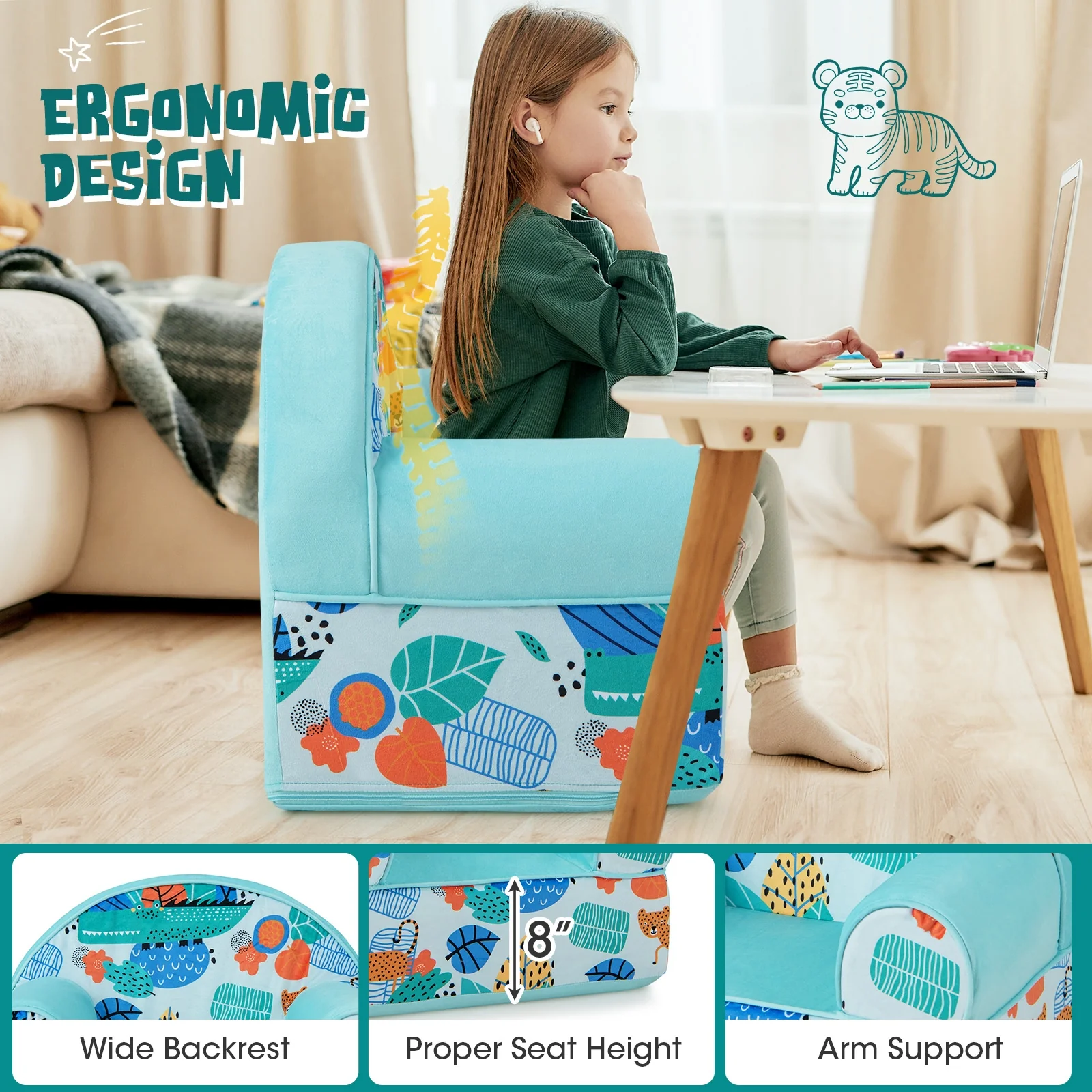 Kids Armchair, Plush Velvet Cover, Soft Sponge Filling, Blue - Image 8