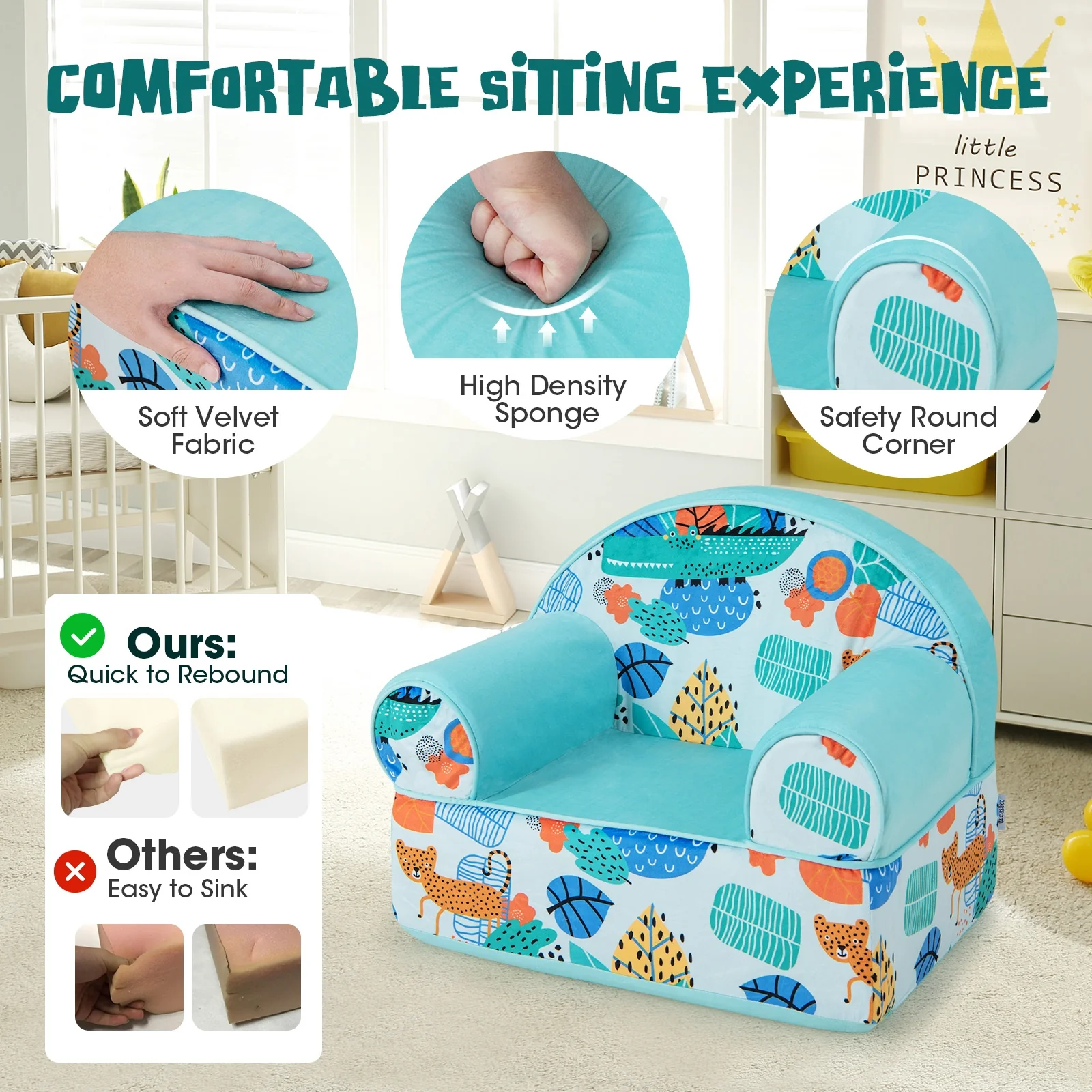 Kids Armchair, Plush Velvet Cover, Soft Sponge Filling, Blue - Image 9