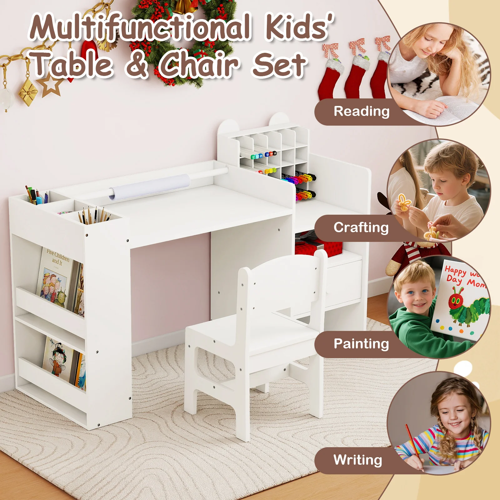 Kids Art Table and Chair Set with Detachable Paper Roll Holder and Cabinet, White - Image 10