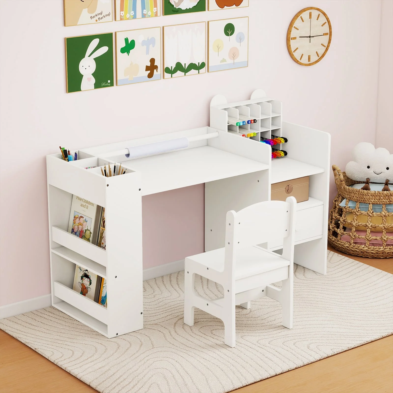 Kids Art Table and Chair Set with Detachable Paper Roll Holder and Cabinet, White - Image 2