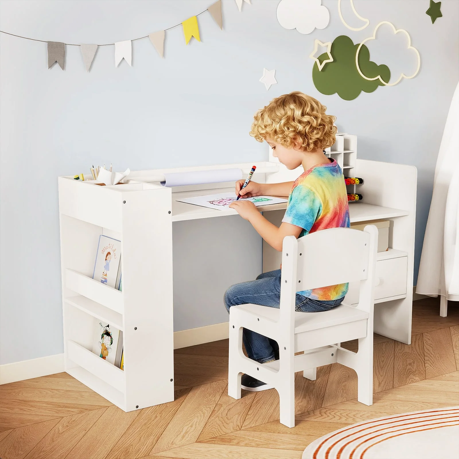 Kids Art Table and Chair Set with Detachable Paper Roll Holder and Cabinet, White - Image 3