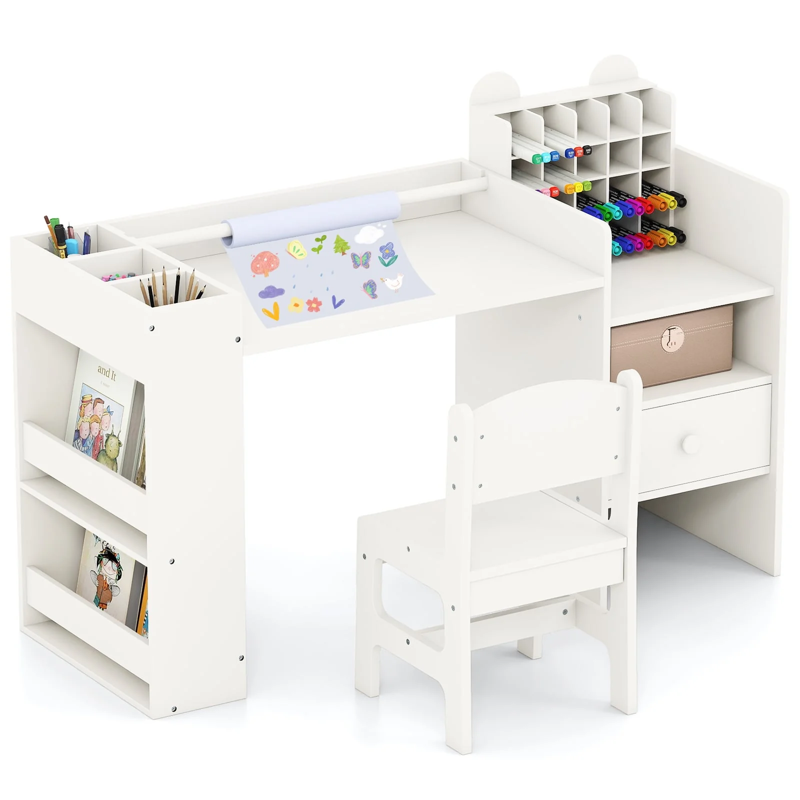 Kids Art Table and Chair Set with Detachable Paper Roll Holder and Cabinet, White - Image 4