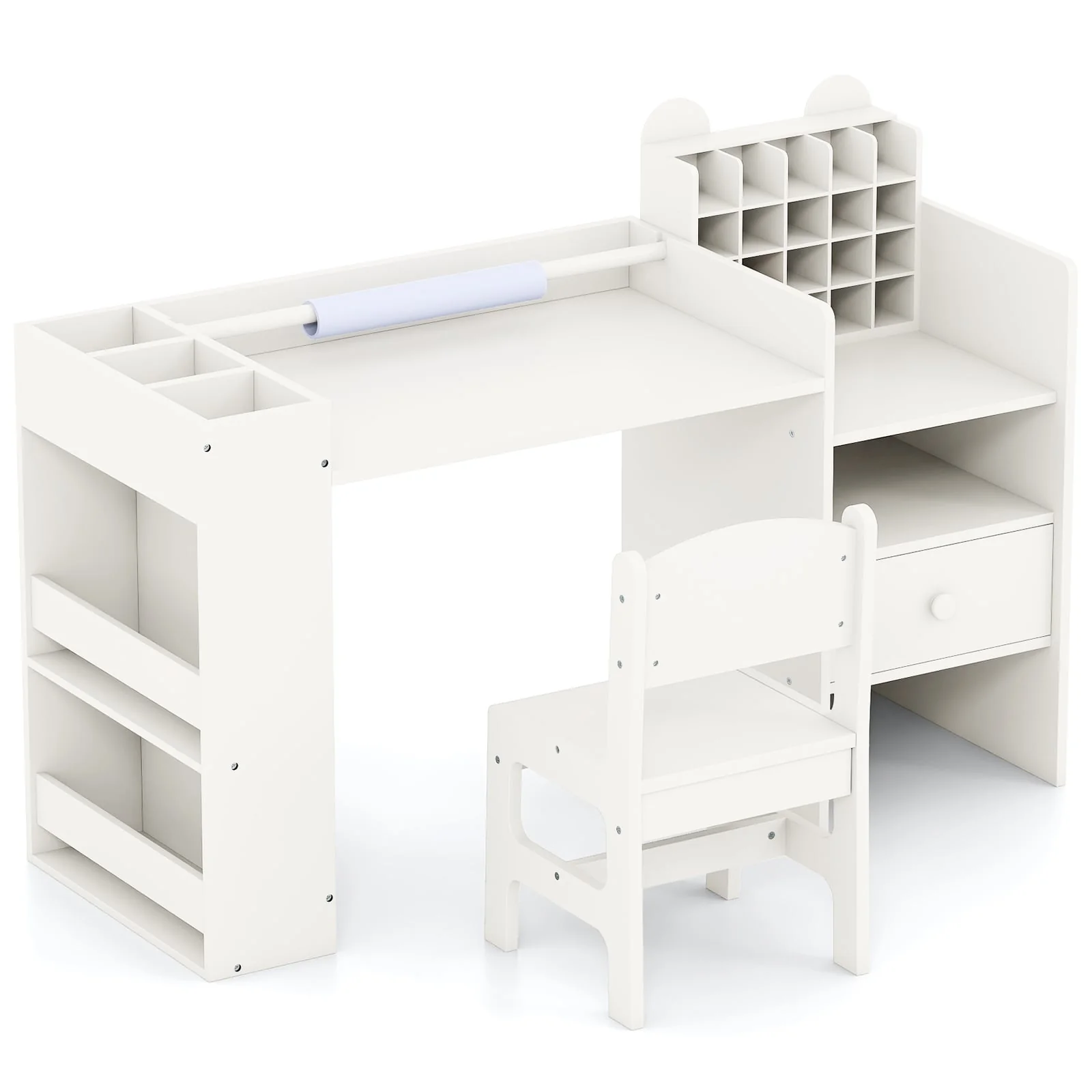 Kids Art Table and Chair Set with Detachable Paper Roll Holder and Cabinet, White - Image 5