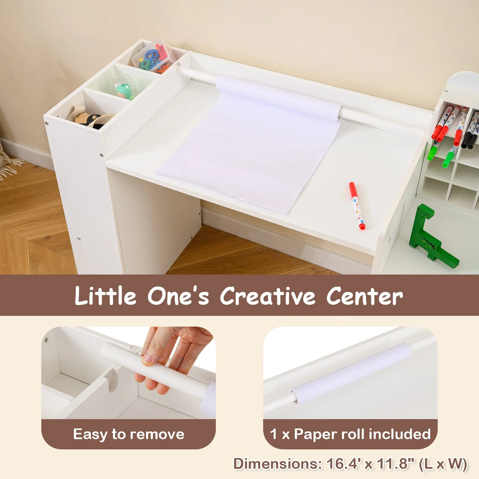 Kids Art Table and Chair Set with Detachable Paper Roll Holder and Cabinet, White - Image 7