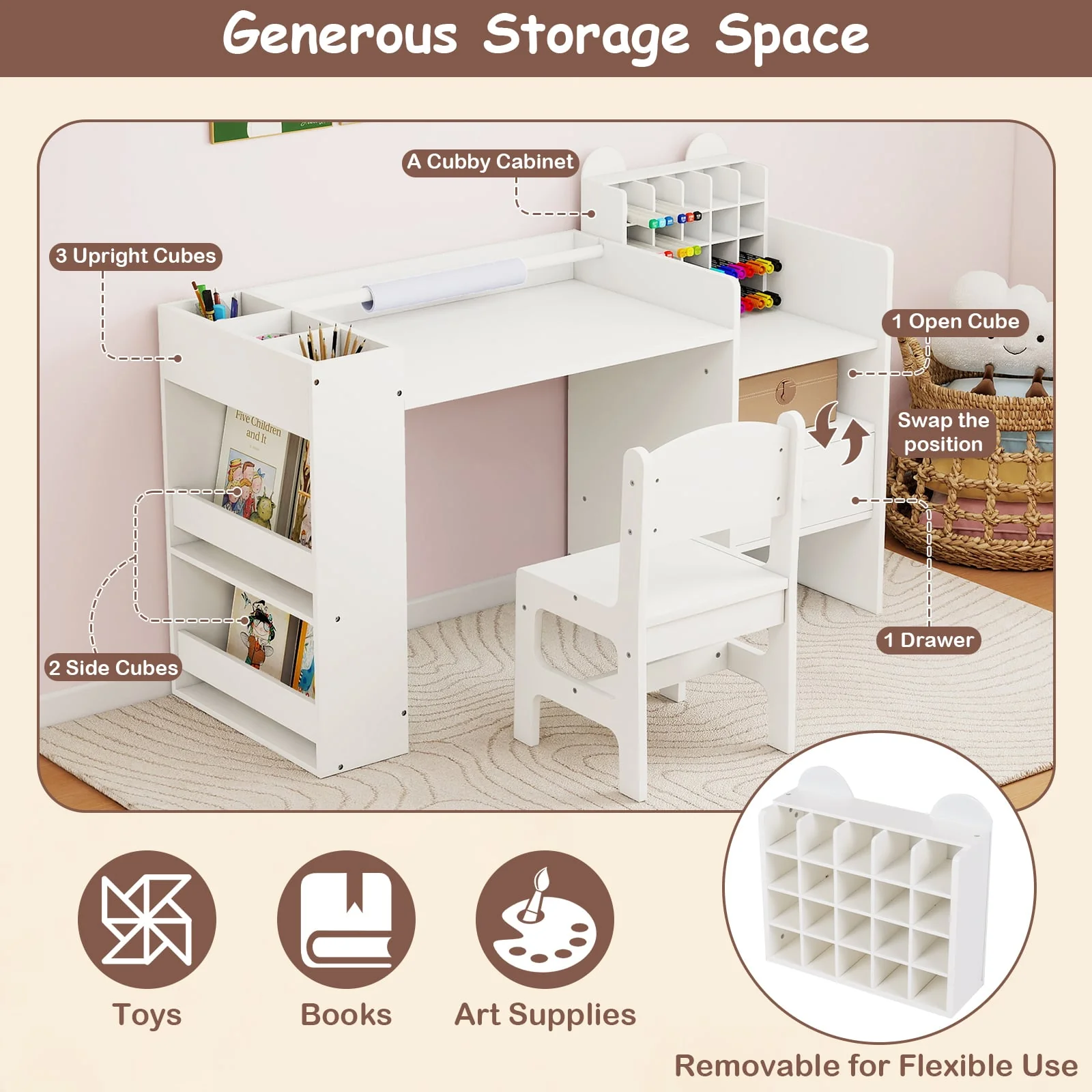 Kids Art Table and Chair Set with Detachable Paper Roll Holder and Cabinet, White - Image 8