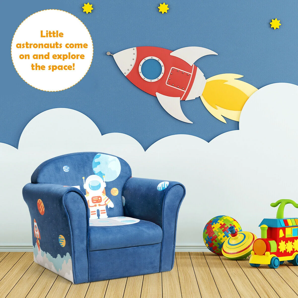 Kids Astronaut Armrest Upholstered Couch, Blue - Image 2