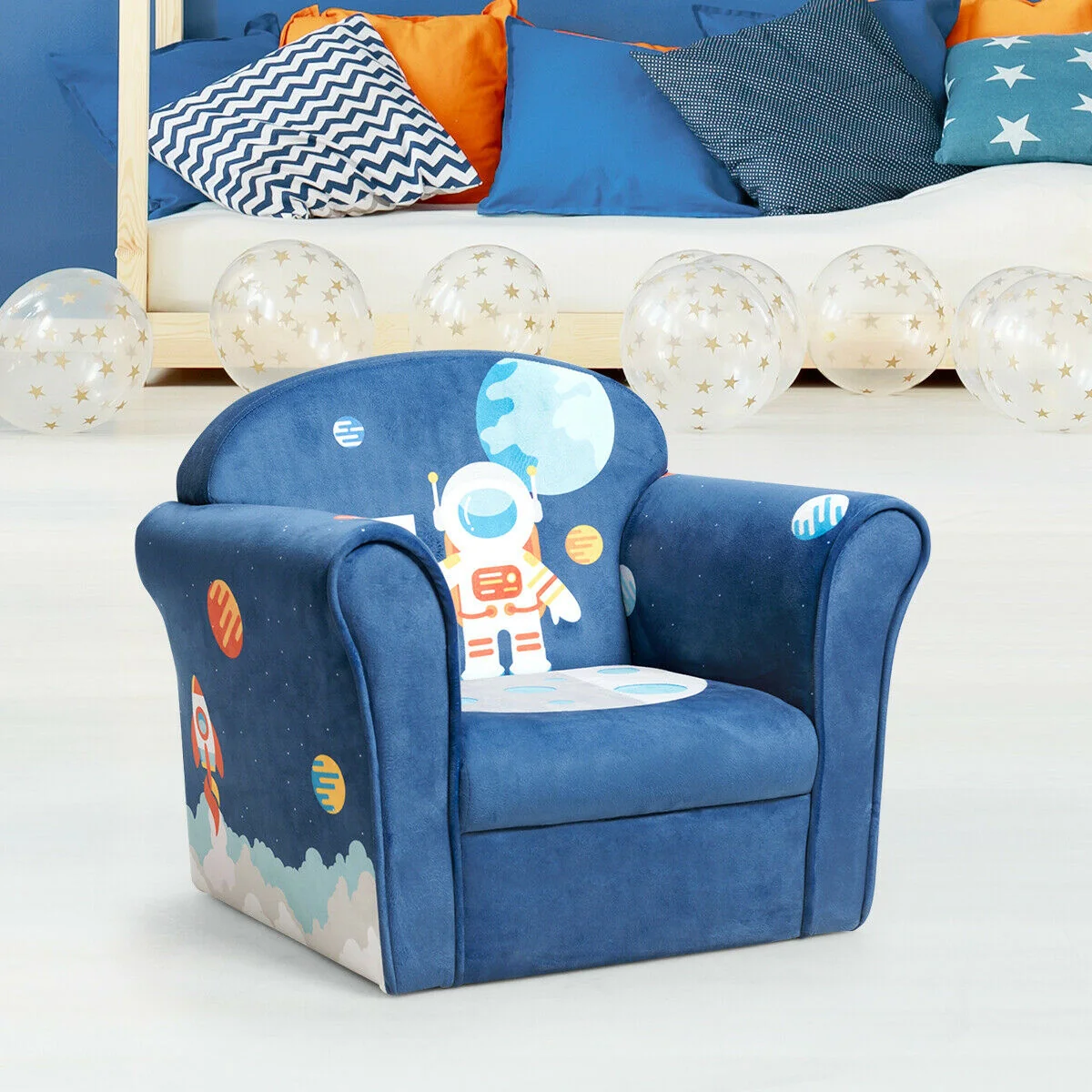 Kids Astronaut Armrest Upholstered Couch, Blue - Image 3