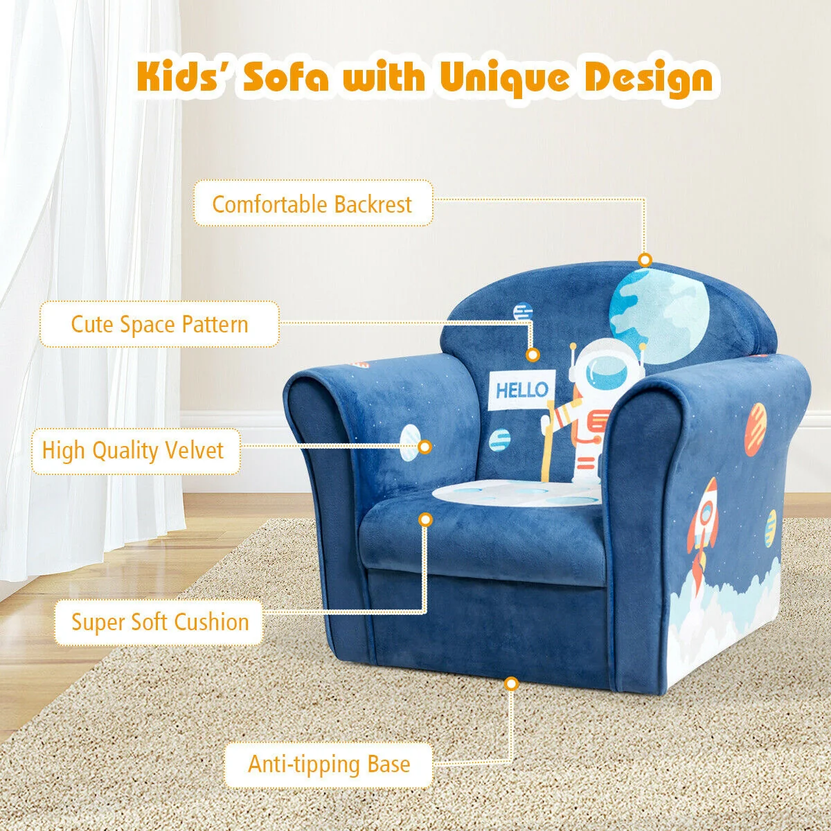 Kids Astronaut Armrest Upholstered Couch, Blue - Image 9