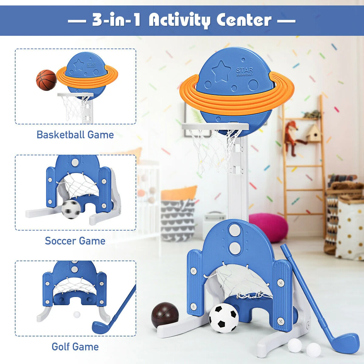 Kids Basketball Hoop Set, 3 In 1, Blue - Image 6
