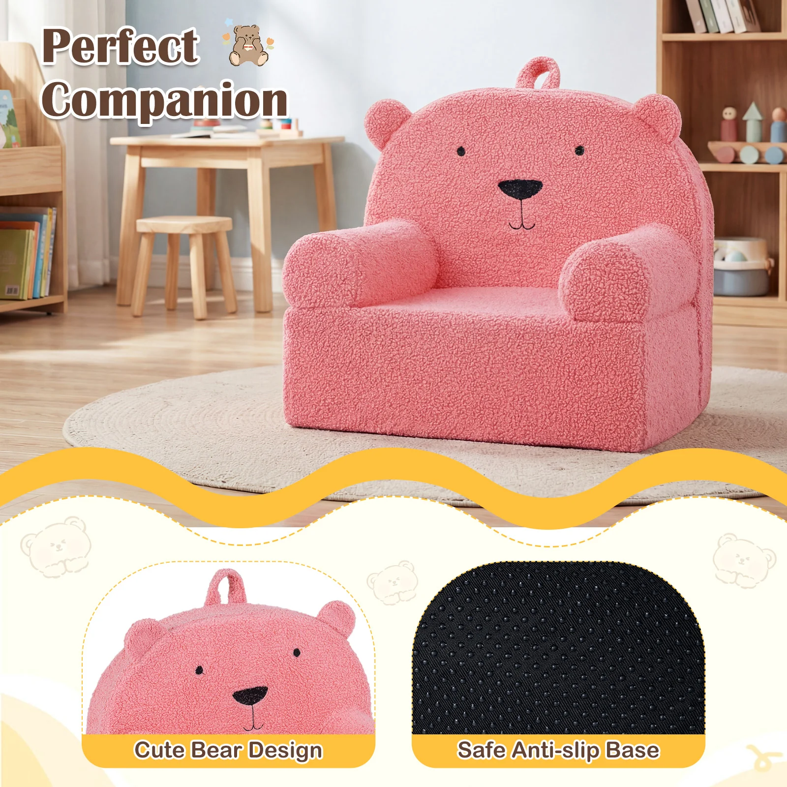 Kids Bear Sofa, Toddler Foam Couch, Soft Fleece Fabric Cover, Pink - Image 10