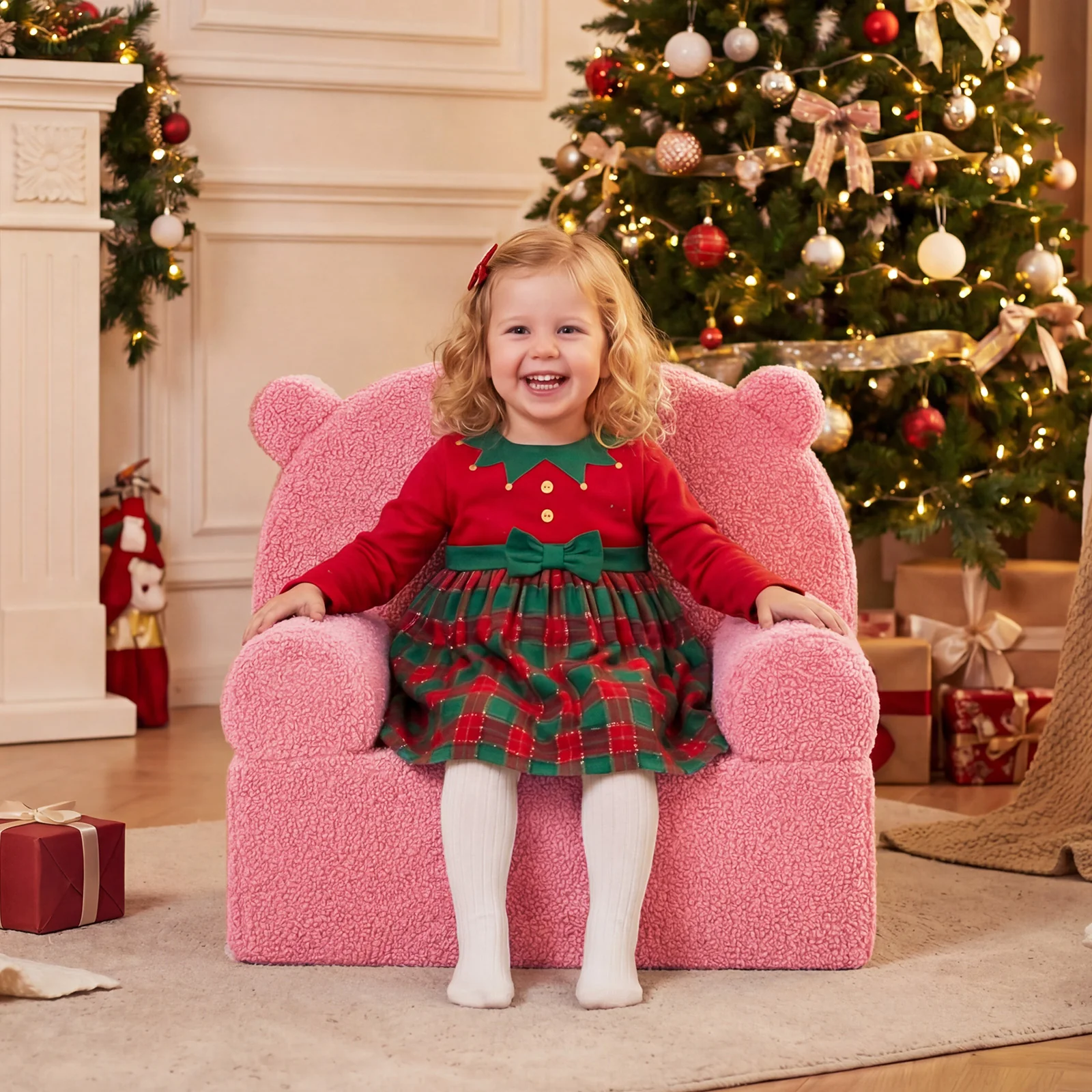 Kids Bear Sofa, Toddler Foam Couch, Soft Fleece Fabric Cover, Pink - Image 2