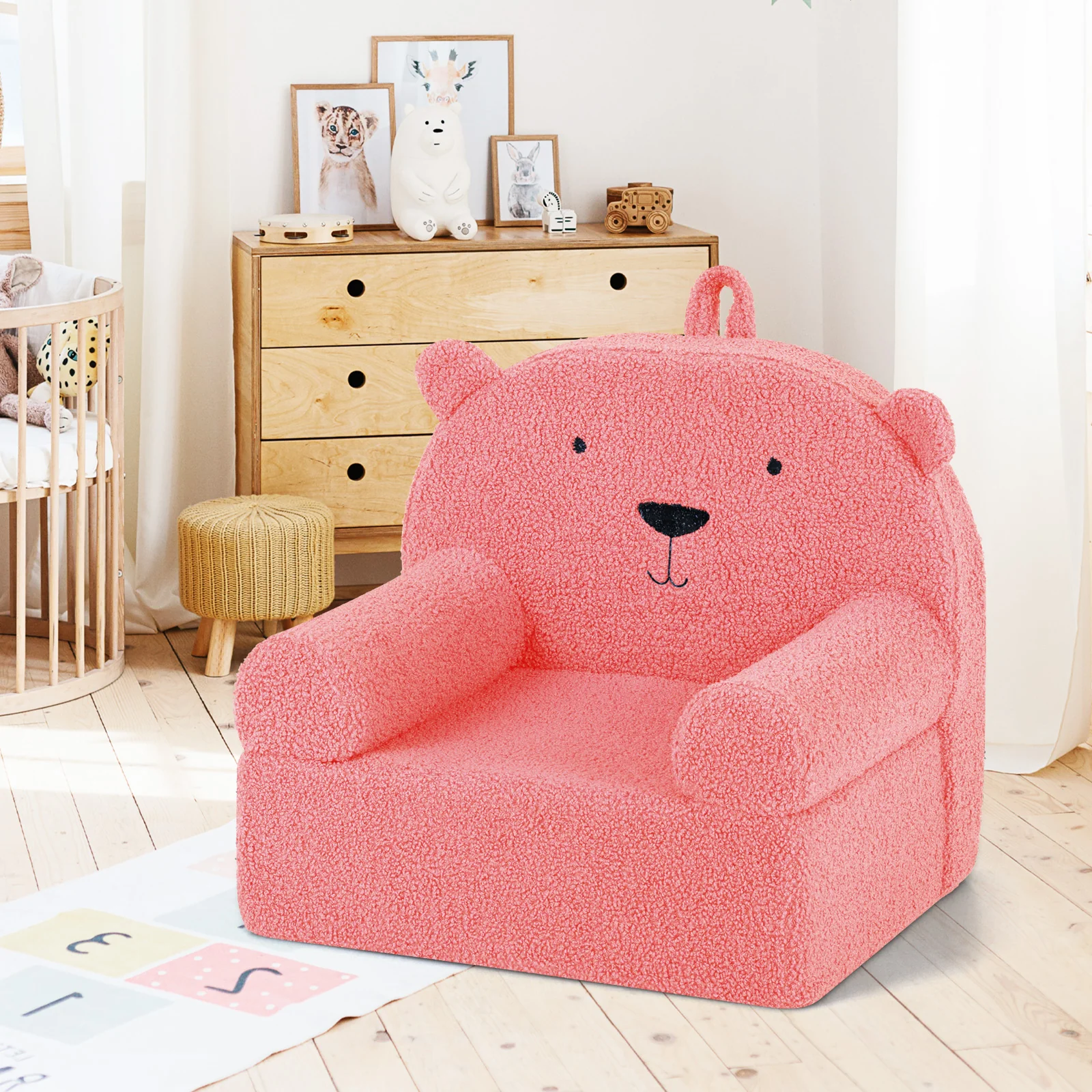 Kids Bear Sofa, Toddler Foam Couch, Soft Fleece Fabric Cover, Pink - Image 3