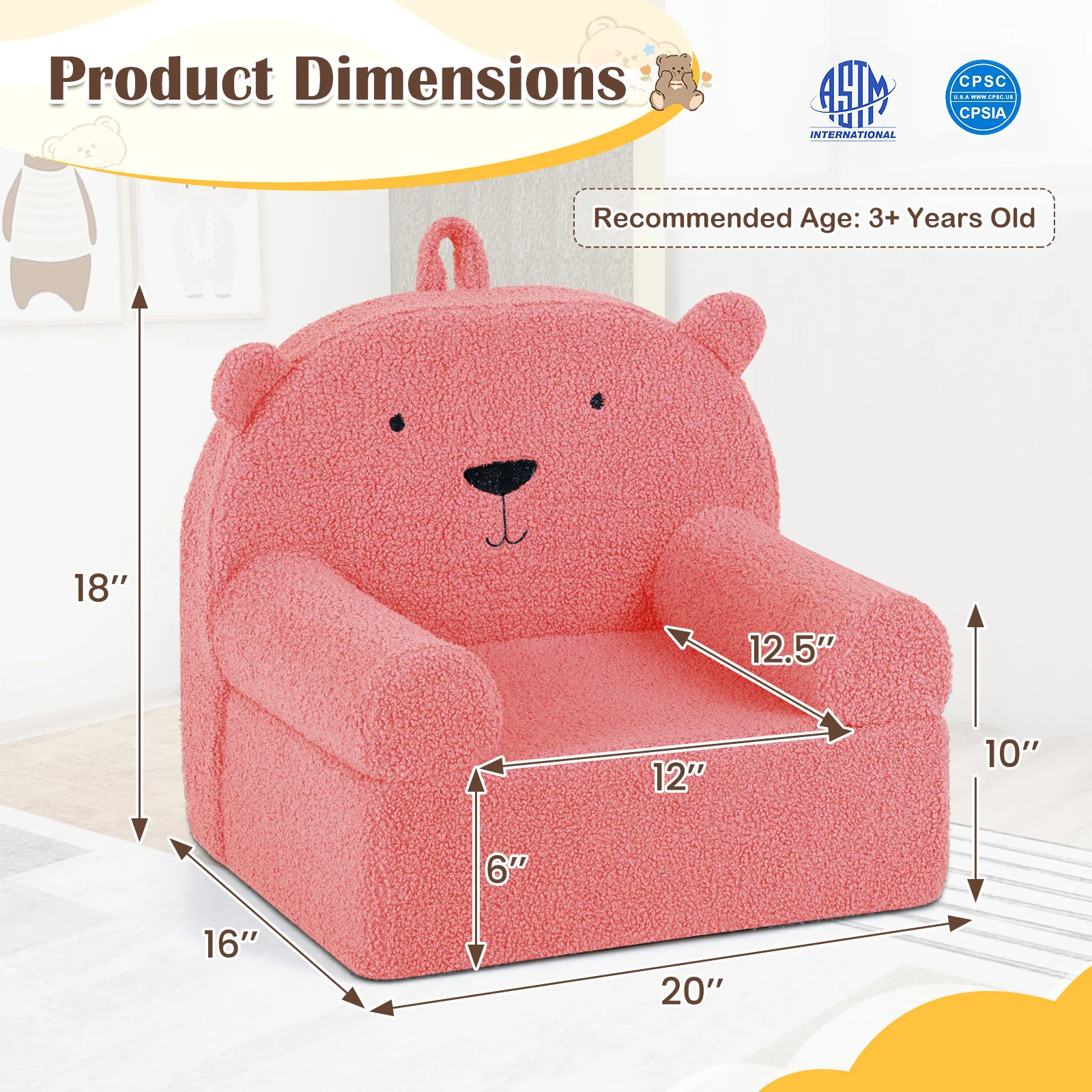 Kids Bear Sofa, Toddler Foam Couch, Soft Fleece Fabric Cover, Pink - Image 5