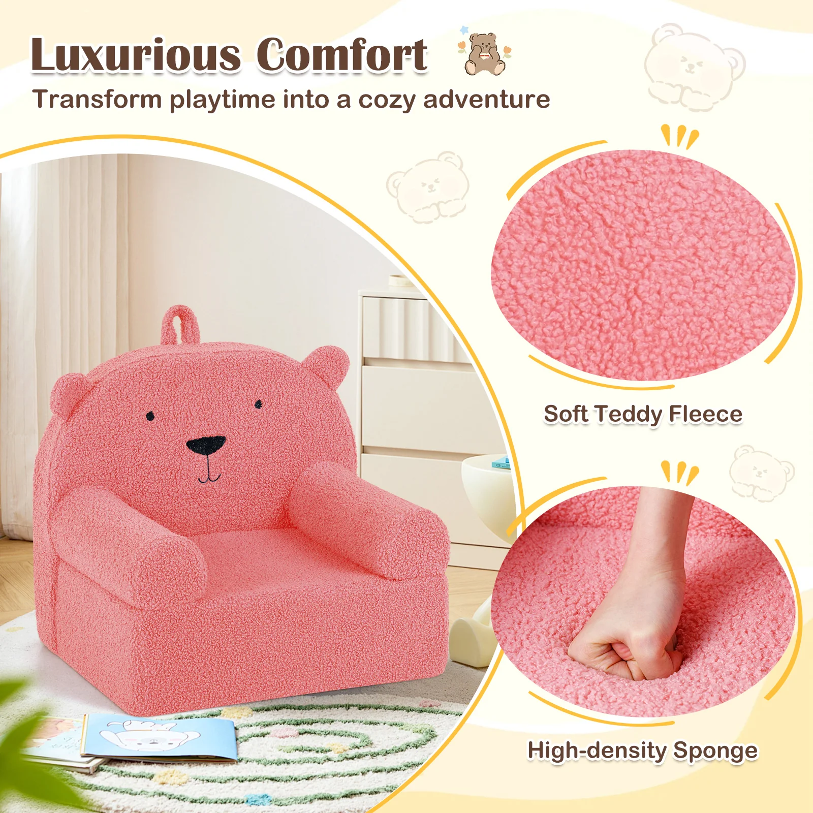 Kids Bear Sofa, Toddler Foam Couch, Soft Fleece Fabric Cover, Pink - Image 6