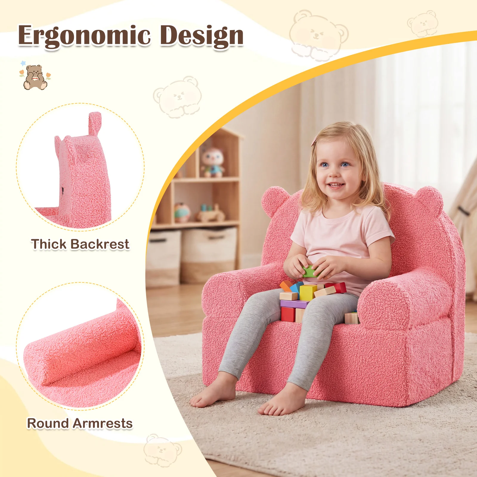 Kids Bear Sofa, Toddler Foam Couch, Soft Fleece Fabric Cover, Pink - Image 7